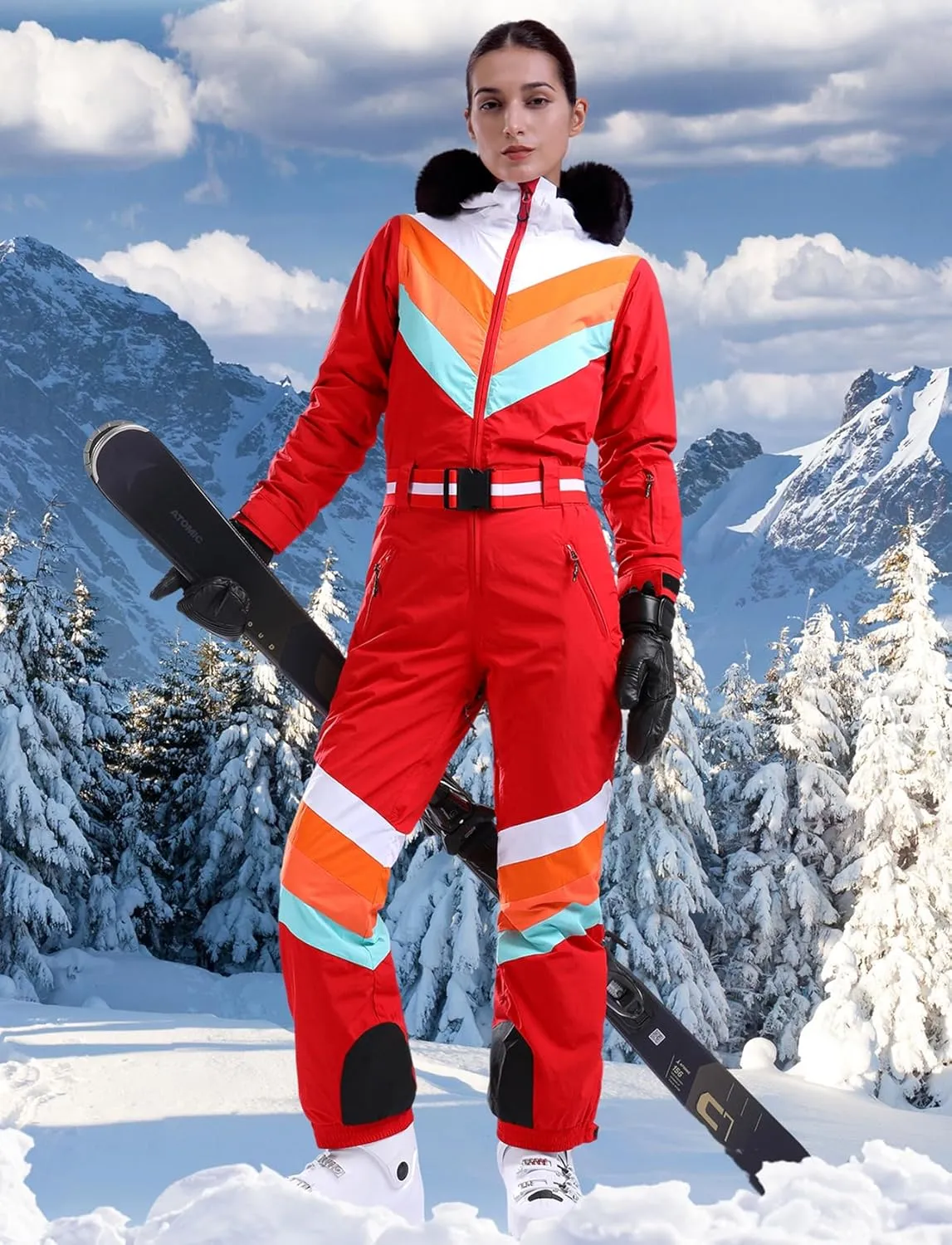 GSOU SNOW Ski Suit Women Snowsuit One Piece Snowboarding Waterproof Windproof Jumpsuit for Outdoor Sports