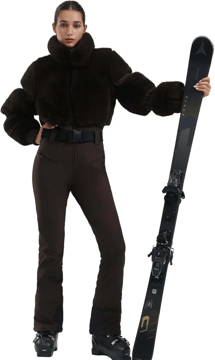 GSOU SNOW Women Ski Suit One Piece Snowsuit Snowboard Faux Fur Collar Slim Jumpsuit Jacket Insulated Windproof Outdoor Winter