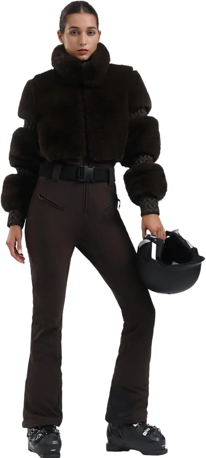 GSOU SNOW Women Ski Suit One Piece Snowsuit Snowboard Faux Fur Collar Slim Jumpsuit Jacket Insulated Windproof Outdoor Winter