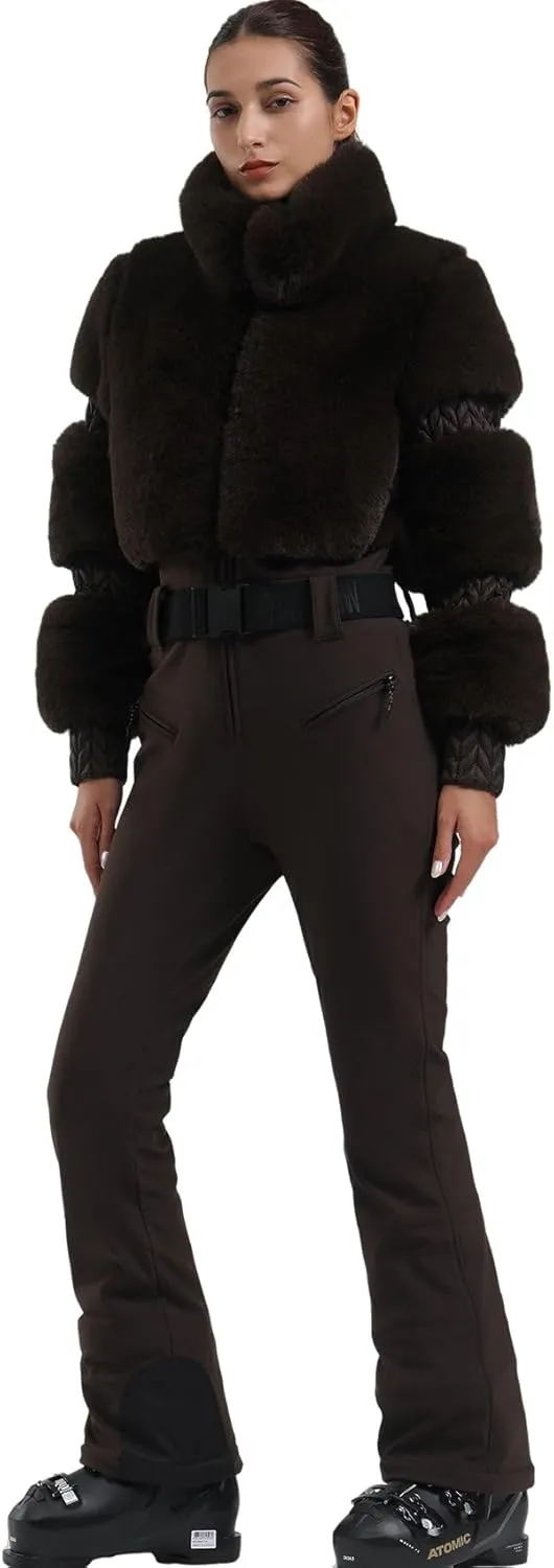 GSOU SNOW Women Ski Suit One Piece Snowsuit Snowboard Faux Fur Collar Slim Jumpsuit Jacket Insulated Windproof Outdoor Winter