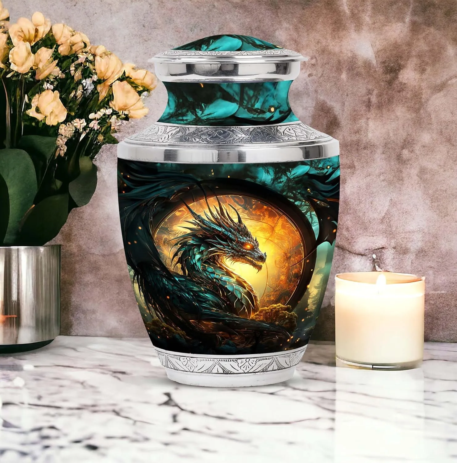 Guardian Dragon Of The Mystic - Large Metal Urn & 4 Small Urns For Human Ashes - Husband & Wife - With Velvet Bag