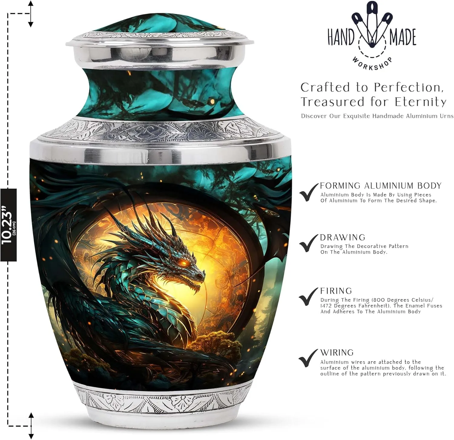 Guardian Dragon Of The Mystic - Large Metal Urn & 4 Small Urns For Human Ashes - Husband & Wife - With Velvet Bag