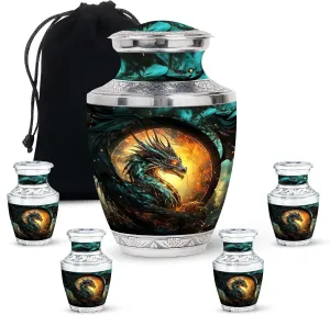 Guardian Dragon Of The Mystic - Large Metal Urn & 4 Small Urns For Human Ashes - Husband & Wife - With Velvet Bag