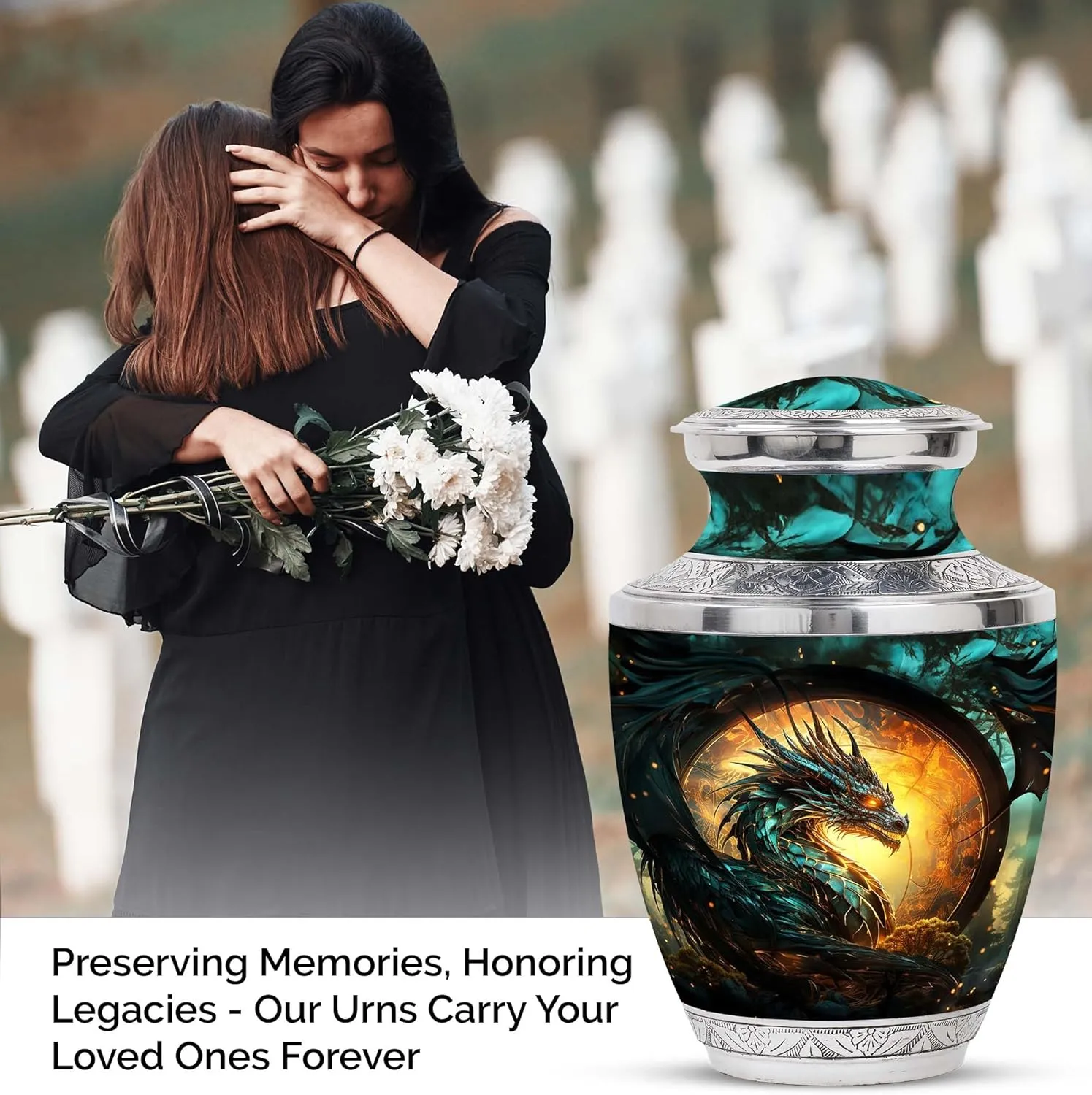 Guardian Dragon Of The Mystic - Large Metal Urn & 4 Small Urns For Human Ashes - Husband & Wife - With Velvet Bag