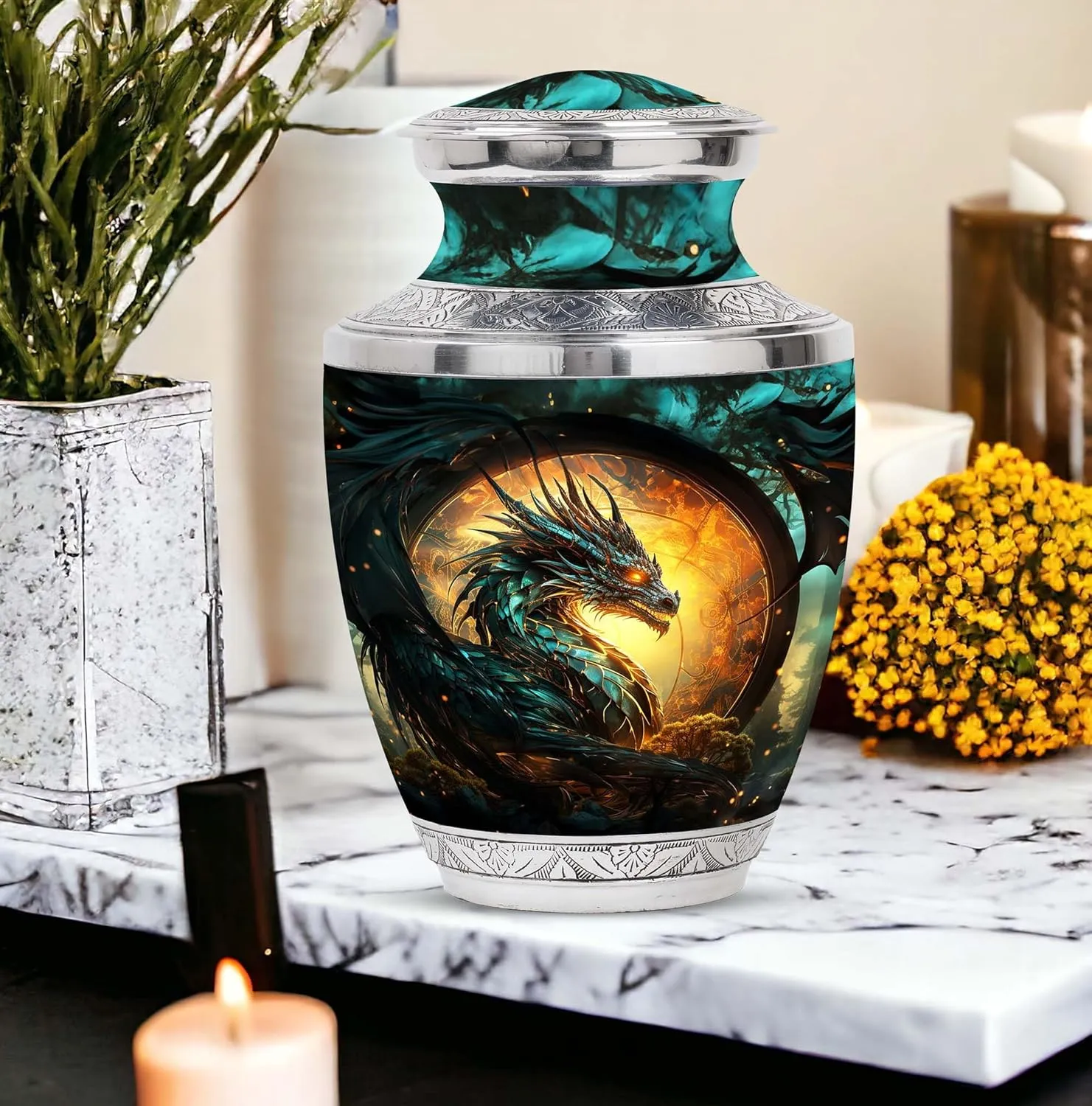 Guardian Dragon Of The Mystic - Large Metal Urn & 4 Small Urns For Human Ashes - Husband & Wife - With Velvet Bag