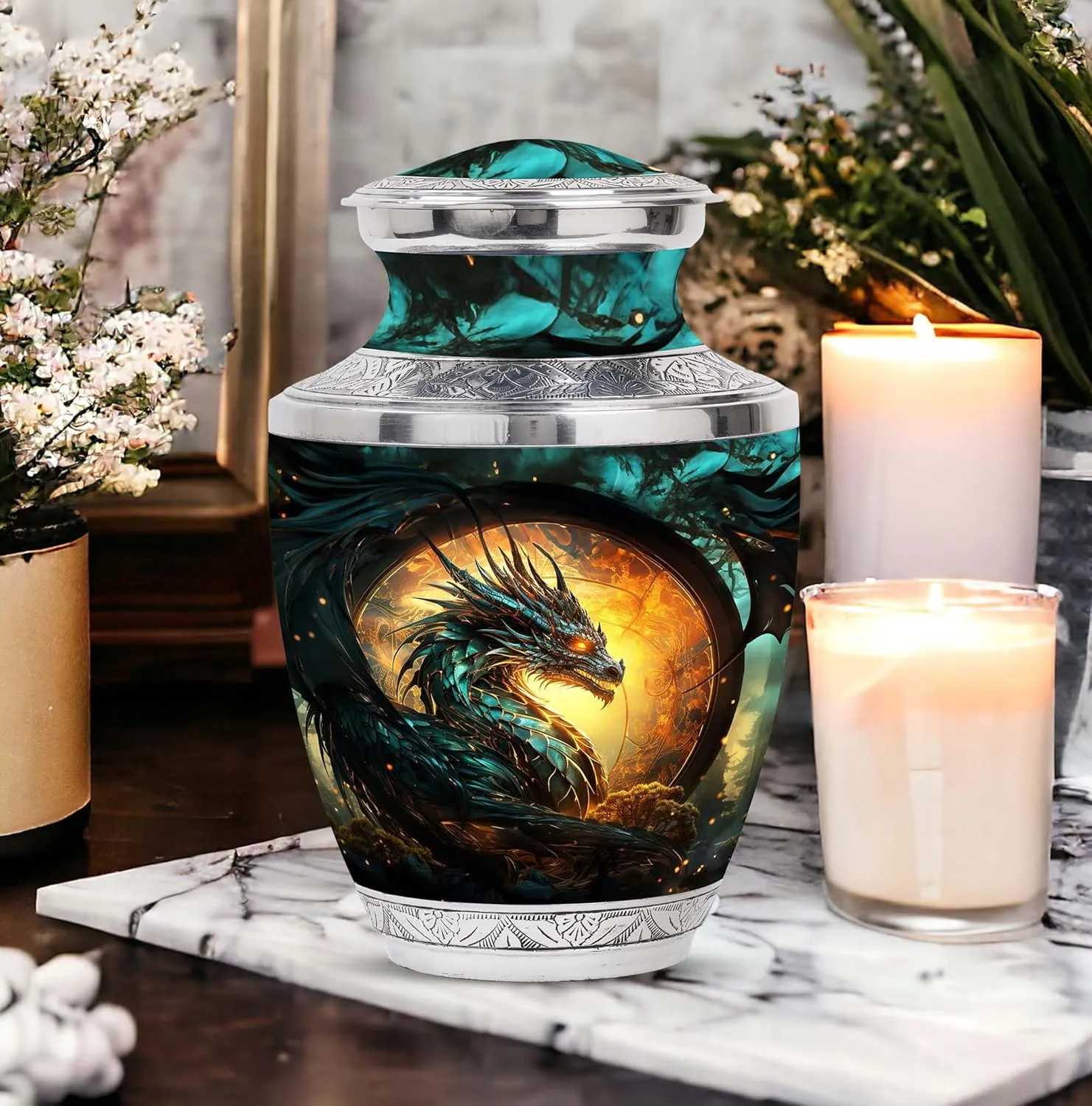 Guardian Dragon Of The Mystic - Large Metal Urn & 4 Small Urns For Human Ashes - Husband & Wife - With Velvet Bag