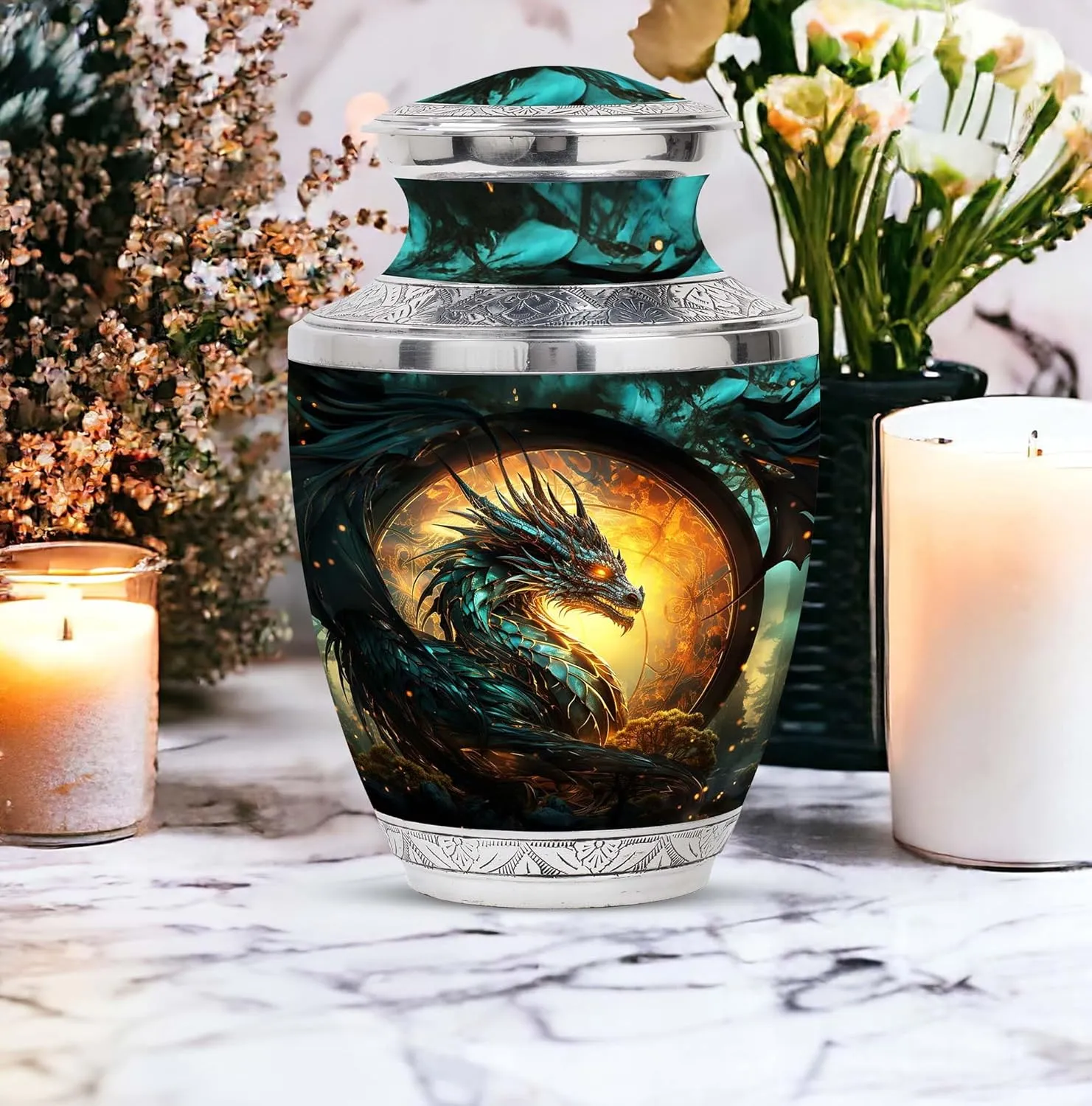 Guardian Dragon Of The Mystic - Large Metal Urn & 4 Small Urns For Human Ashes - Husband & Wife - With Velvet Bag