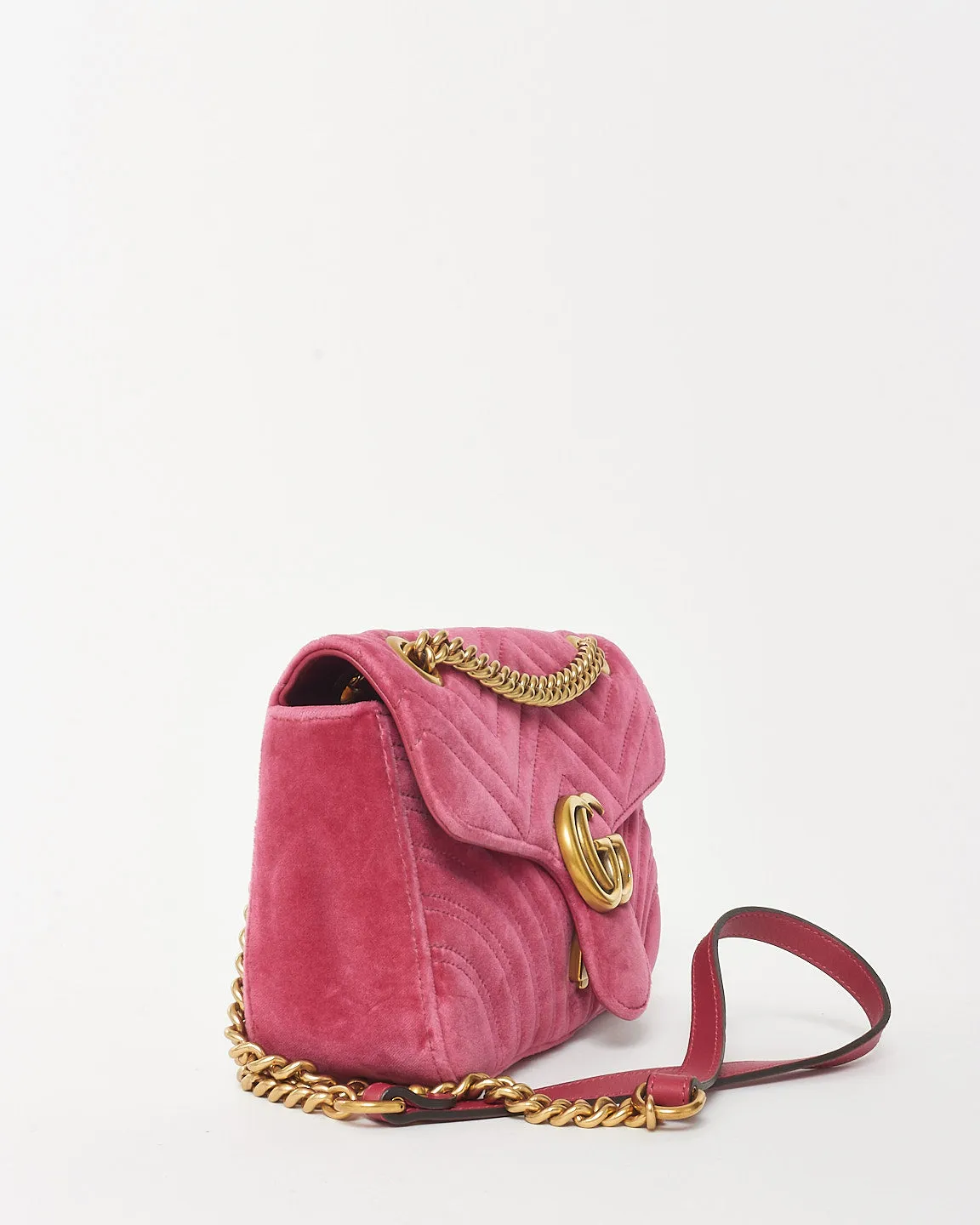Gucci Pink Matelassé Velvet Small GG Marmont Shoulder Bag