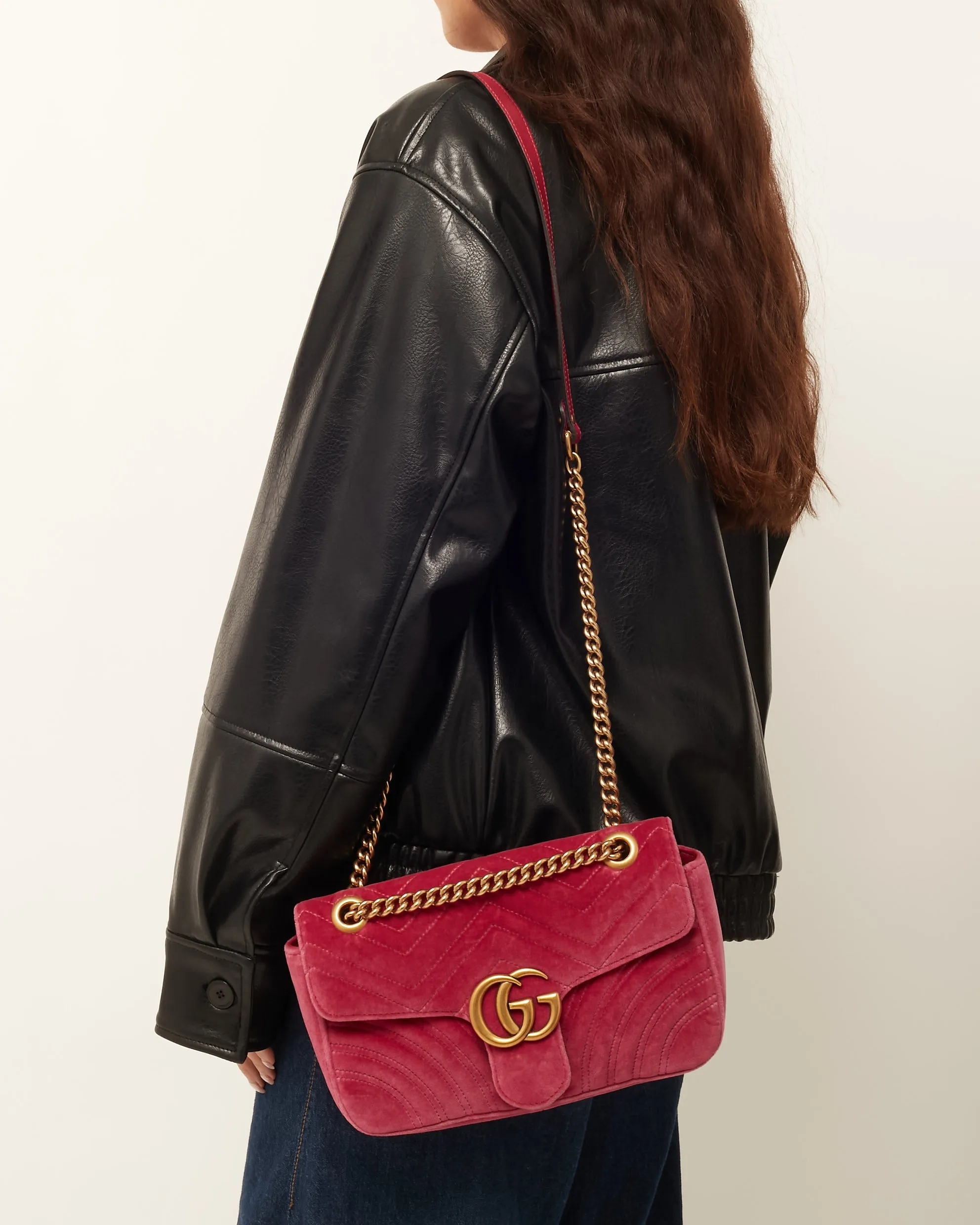 Gucci Pink Matelassé Velvet Small GG Marmont Shoulder Bag