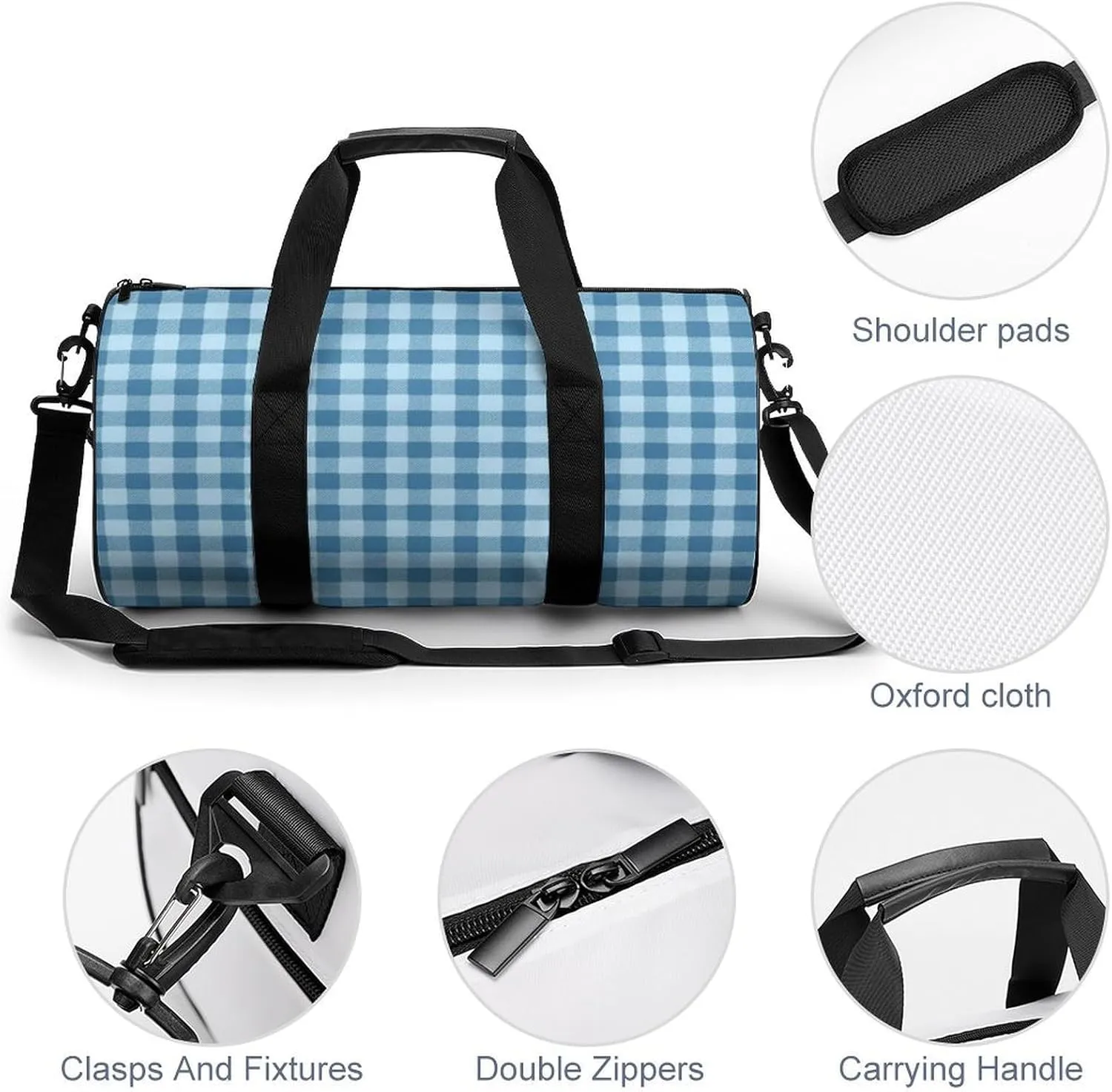 Gym Bag for Men Women Lightweight Sports Duffle Bag with Multiple Compartments Cylindrical Gym Bag for Fitness Travel And Outdoor Activities Ater Resistant Yoga Bag Training Bag Blue Gingham