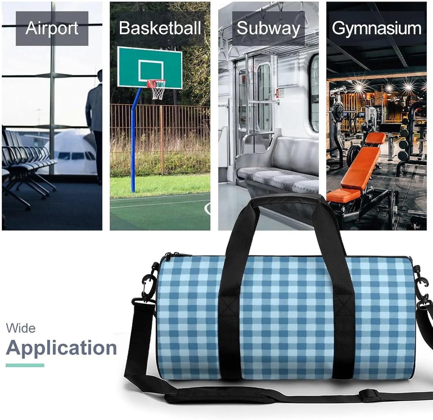 Gym Bag for Men Women Lightweight Sports Duffle Bag with Multiple Compartments Cylindrical Gym Bag for Fitness Travel And Outdoor Activities Ater Resistant Yoga Bag Training Bag Blue Gingham