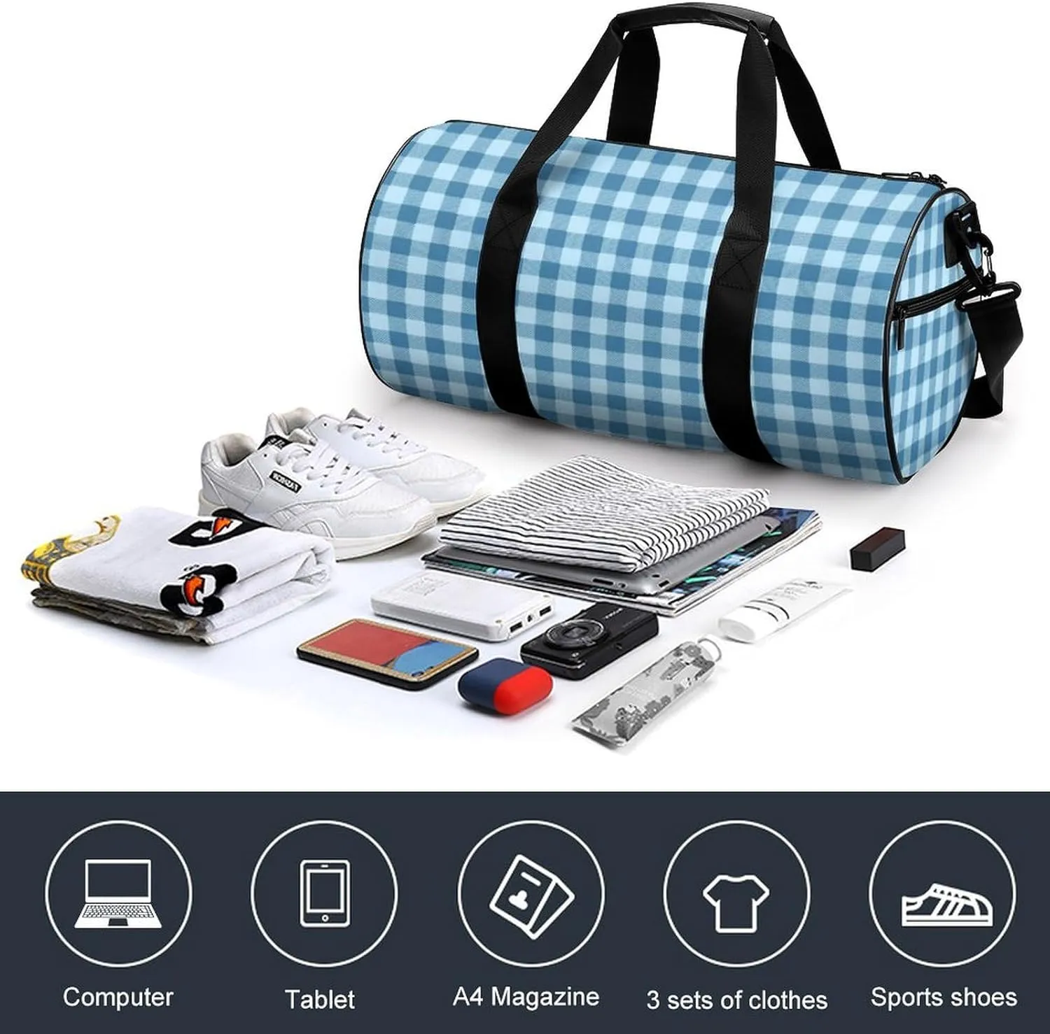 Gym Bag for Men Women Lightweight Sports Duffle Bag with Multiple Compartments Cylindrical Gym Bag for Fitness Travel And Outdoor Activities Ater Resistant Yoga Bag Training Bag Blue Gingham