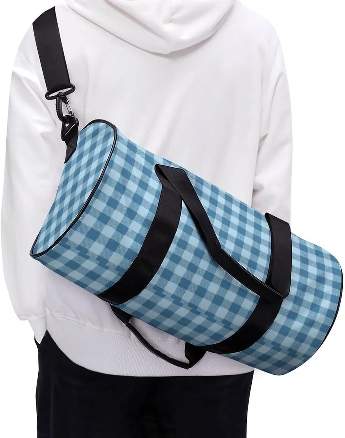 Gym Bag for Men Women Lightweight Sports Duffle Bag with Multiple Compartments Cylindrical Gym Bag for Fitness Travel And Outdoor Activities Ater Resistant Yoga Bag Training Bag Blue Gingham