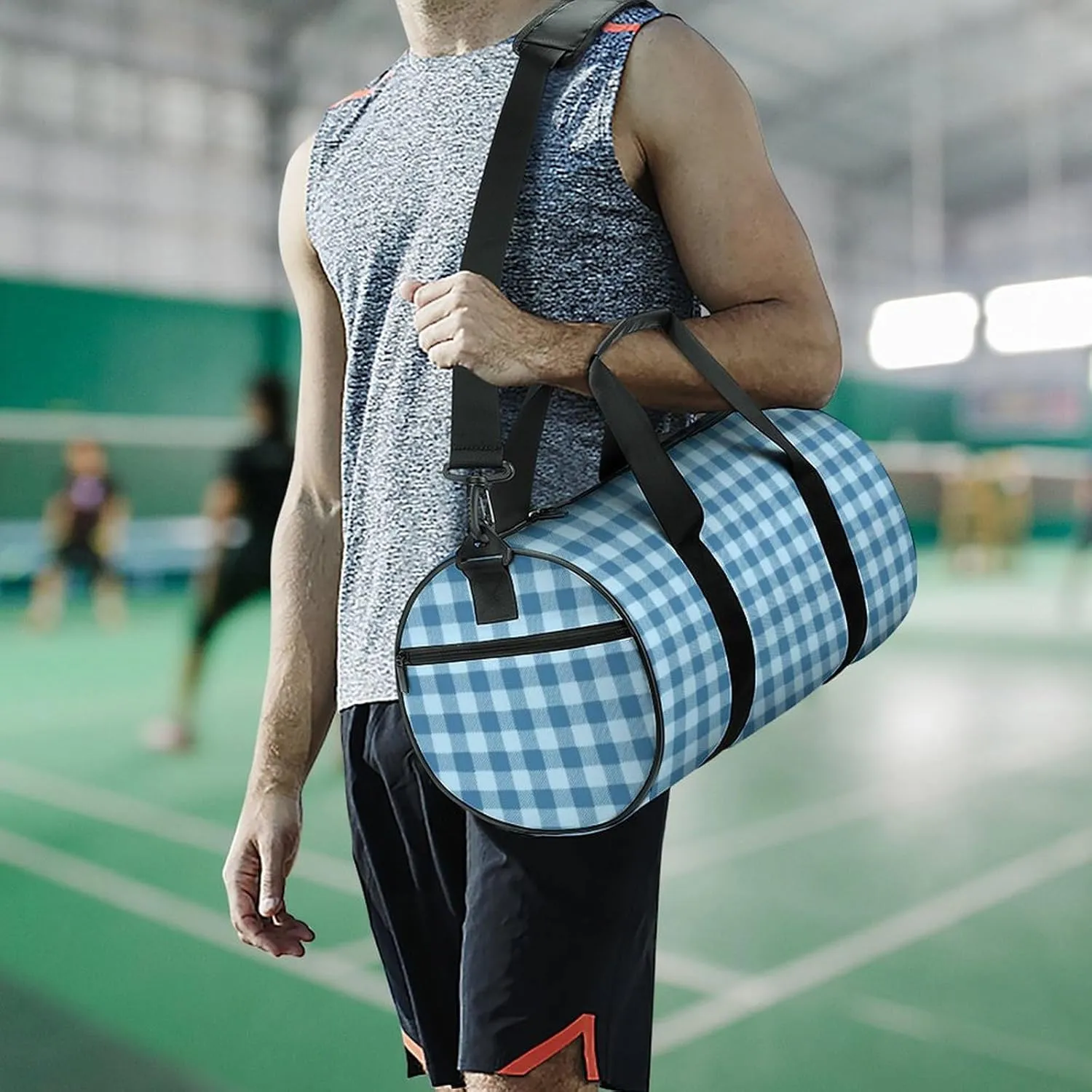 Gym Bag for Men Women Lightweight Sports Duffle Bag with Multiple Compartments Cylindrical Gym Bag for Fitness Travel And Outdoor Activities Ater Resistant Yoga Bag Training Bag Blue Gingham