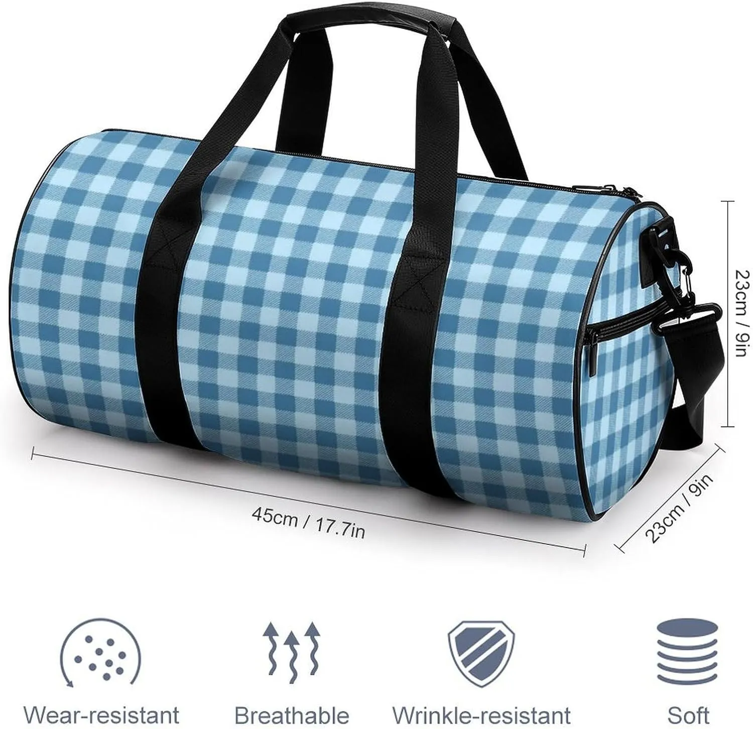 Gym Bag for Men Women Lightweight Sports Duffle Bag with Multiple Compartments Cylindrical Gym Bag for Fitness Travel And Outdoor Activities Ater Resistant Yoga Bag Training Bag Blue Gingham