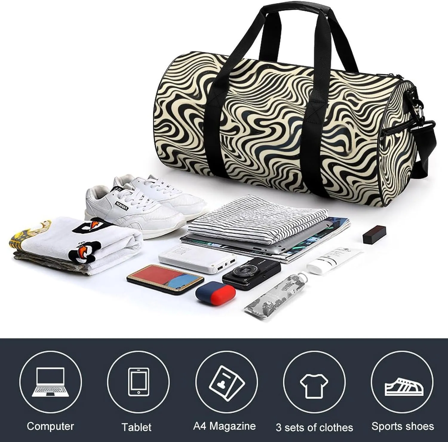 Gym Bag for Men Women Lightweight Sports Duffle Bag with Multiple Compartments Cylindrical Gym Bag for Fitness Travel And Outdoor Activities Ater Resistant Yoga Bag Training Bag Wavy Illusions
