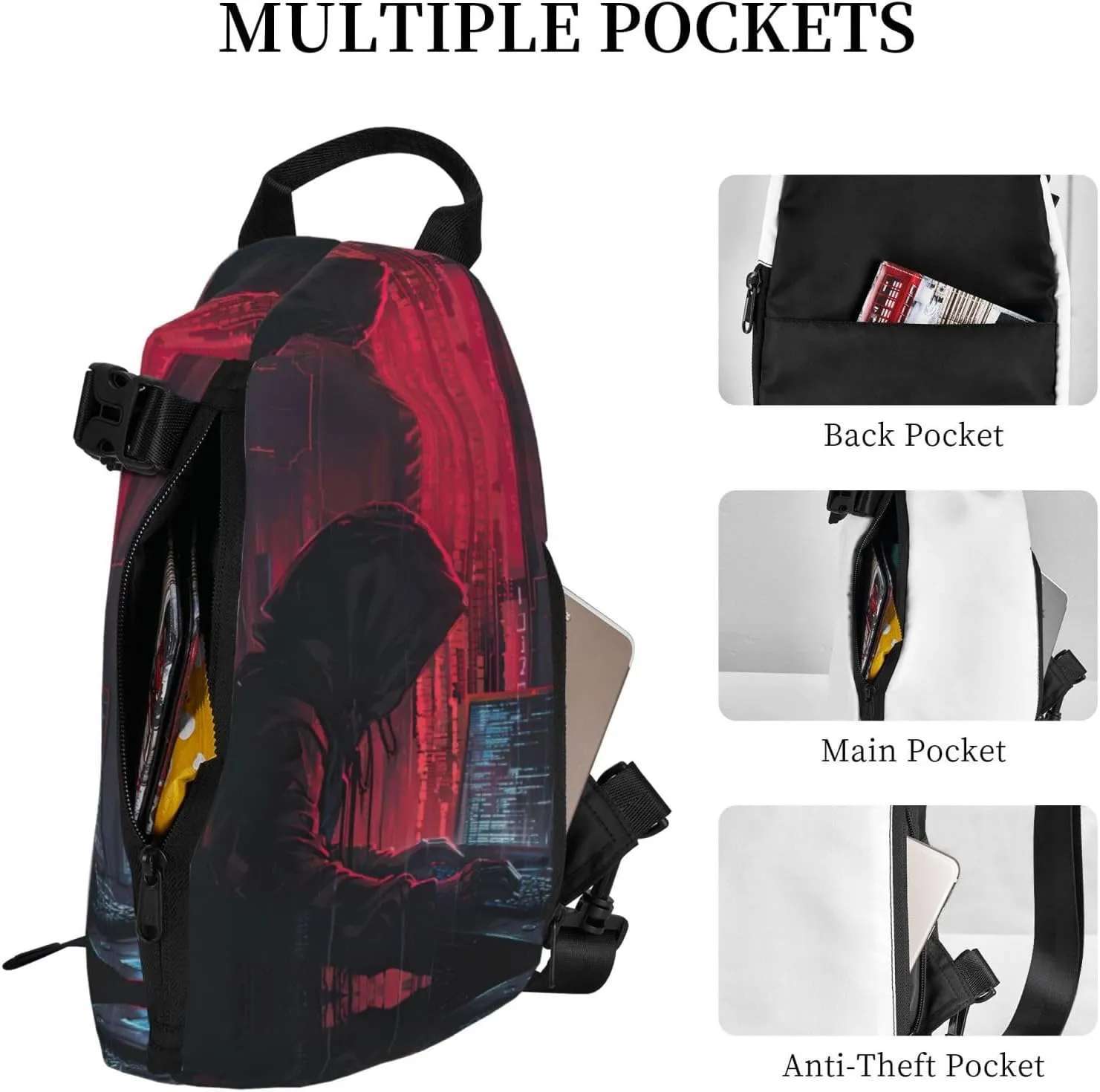 Hacker Attack Print Crossbody Backpack Casual Sling Bag Travel Lightweight, Adjustable Cross Bag