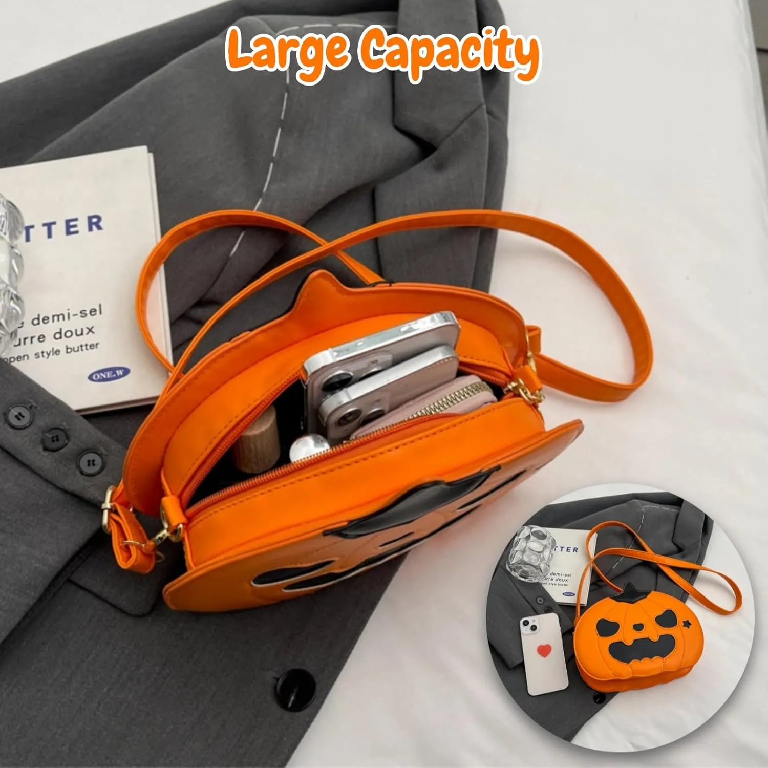 Halloween Candy Bag Pumpkin Crossbody Bag Purse Novelty Kawaii Cute Shoulder Bag Funny Devil Handbag (Orange-Black (Happy))