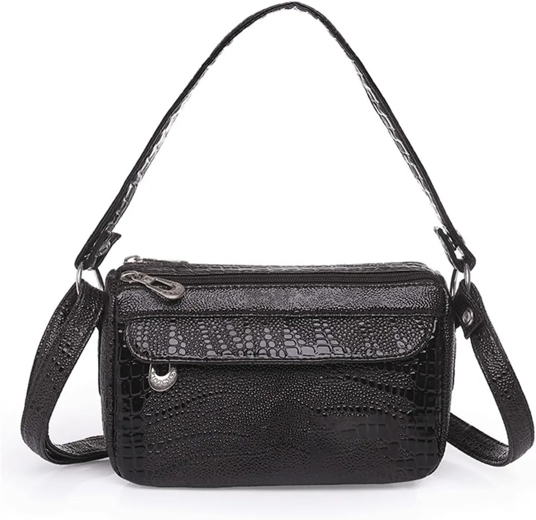 Handbags Fashion Stone Pattern Glossy PU Leather Shoulder Bag for Women - Stylish Small Crossbody Purse(Black)
