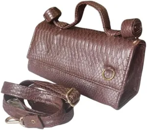 Handmade Brown Snakeskin Leather Mini Handbag – Small Crossbody Purse with Top Handle & Detachable Strap – Unique Luxury Shoulder Bag for Women