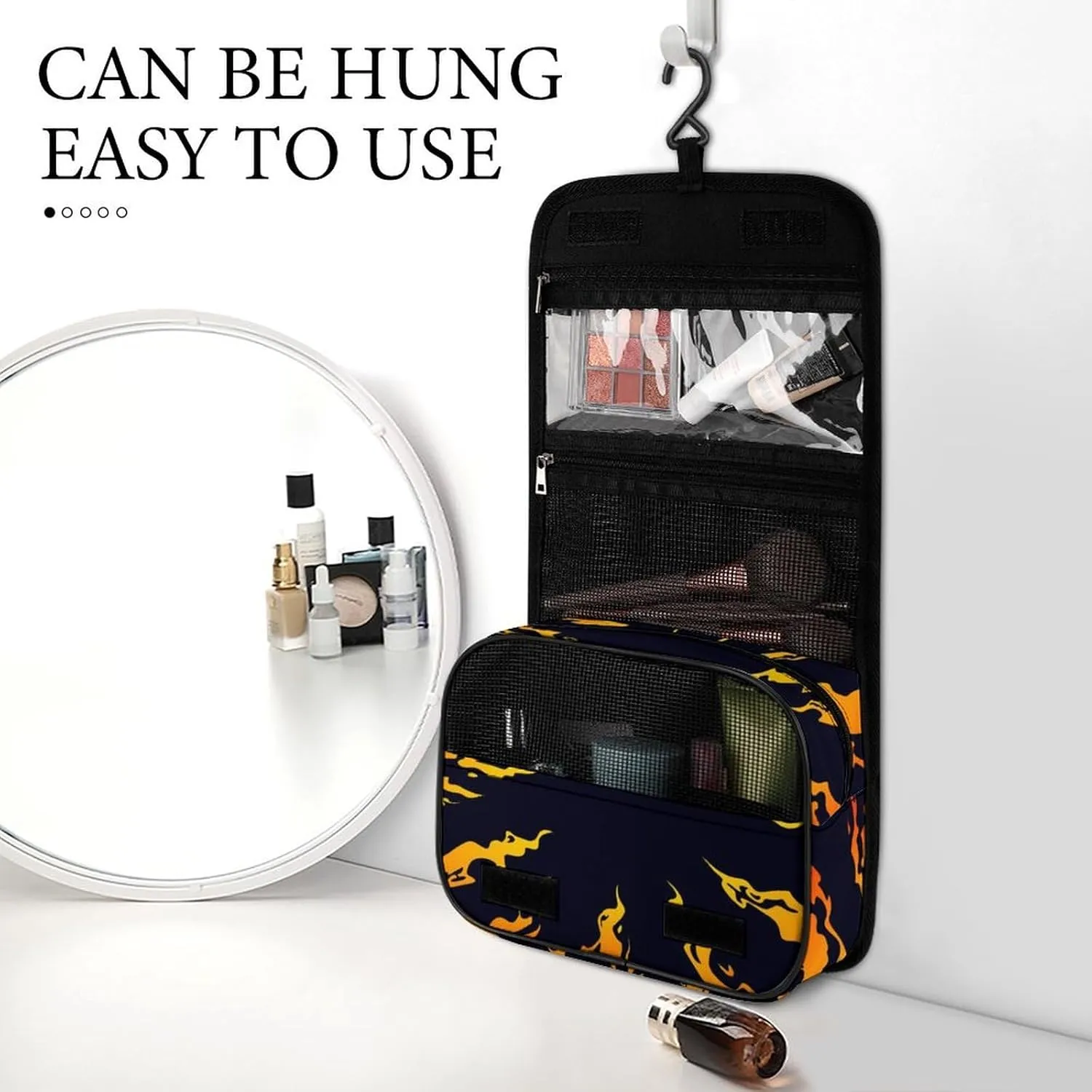 Hanging Toiletry Bag Large Capacity Hanging Wash Bag, Fire Flame Waterproof Travel Cosmetic Bag, Portable Makeup Bag Organizer for Women Men
