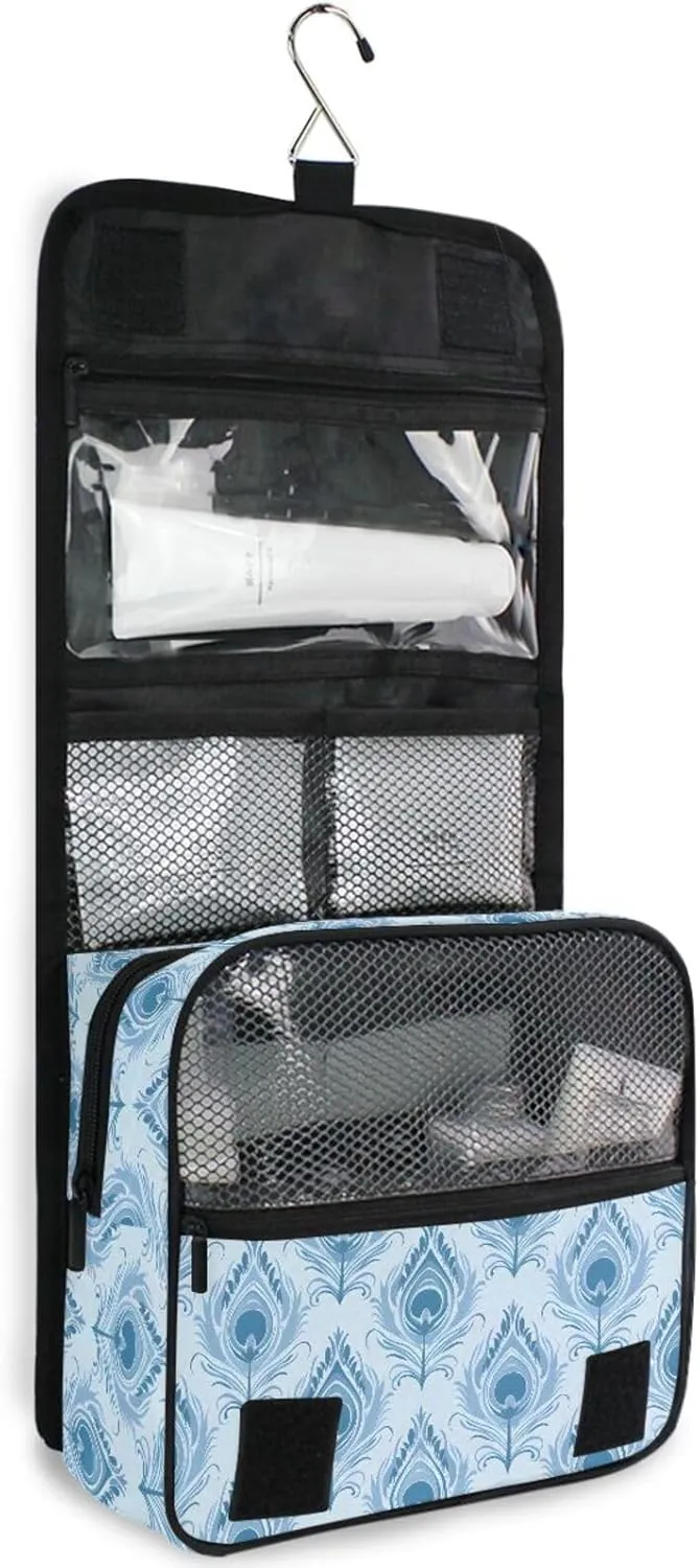 Hanging Toiletry Bag Peacock Feathers Travel Makeup bag for Toiletries Portable Travel Toiletry Organizer Cosmetic Bags with Hanging Hook