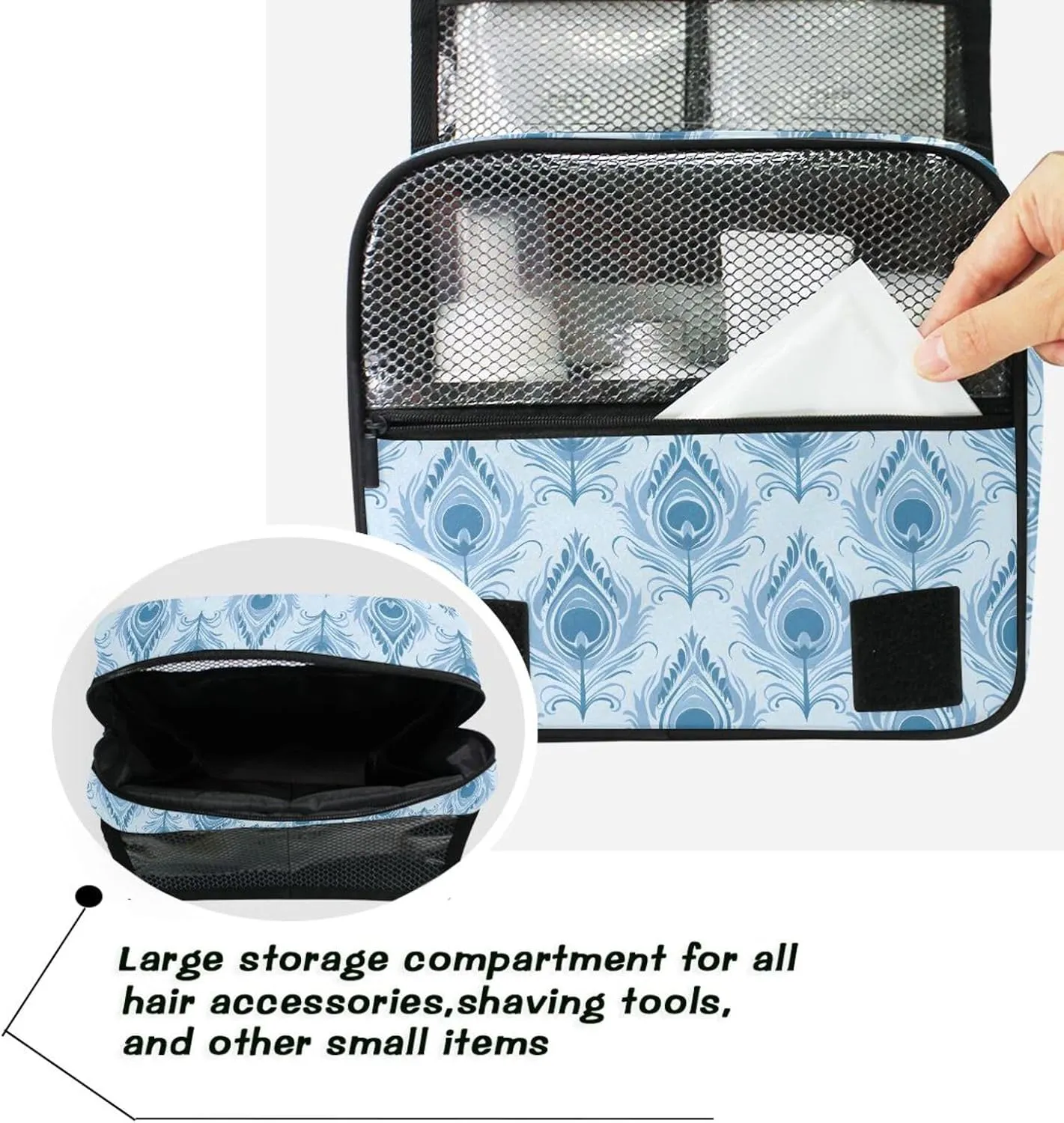 Hanging Toiletry Bag Peacock Feathers Travel Makeup bag for Toiletries Portable Travel Toiletry Organizer Cosmetic Bags with Hanging Hook