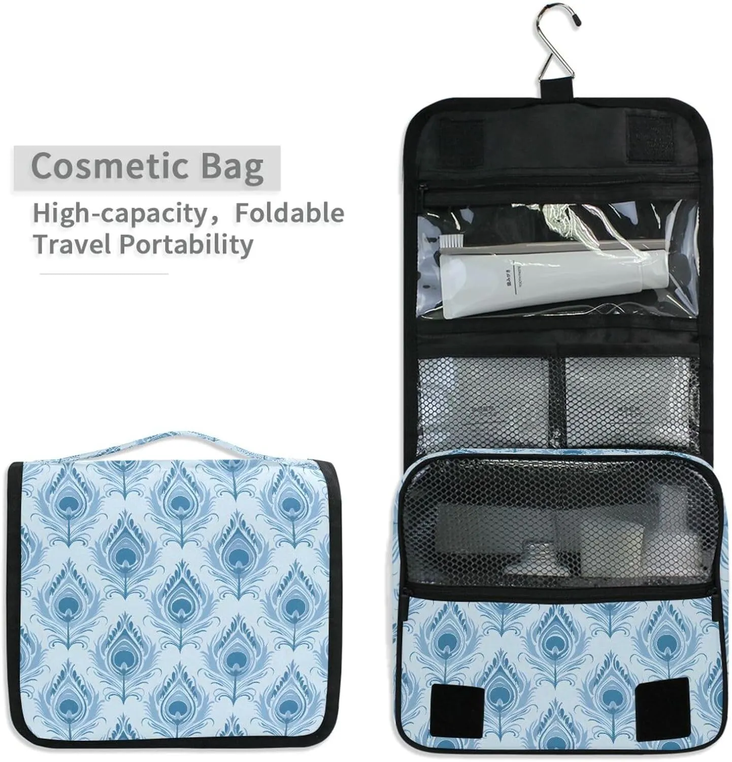 Hanging Toiletry Bag Peacock Feathers Travel Makeup bag for Toiletries Portable Travel Toiletry Organizer Cosmetic Bags with Hanging Hook