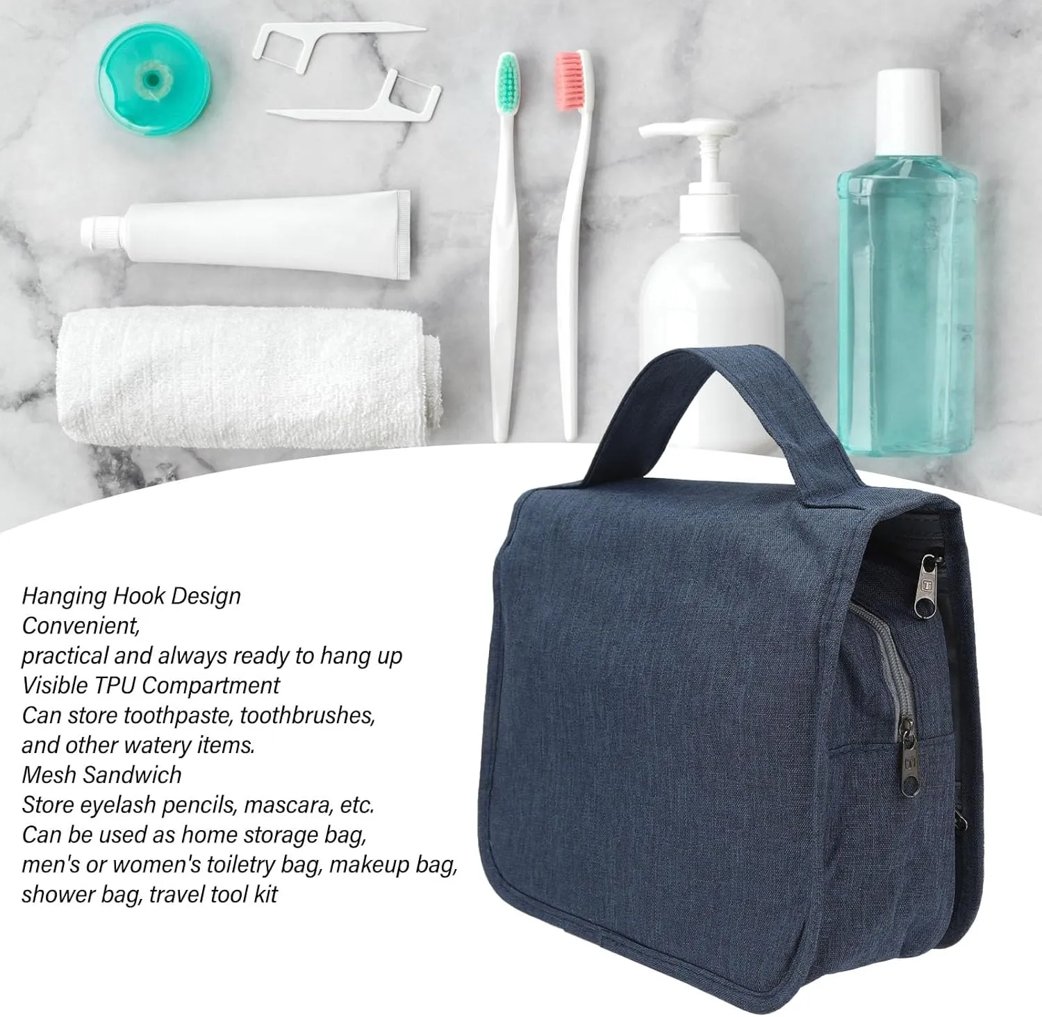 Hanging Toiletry Bag with Hanging Hooks, Visible TPU Compartment for Toothpaste and Toothbrushes for Toiletries, Cosmetics, Shower Bag for Home, Travel, Business Trips, Camping