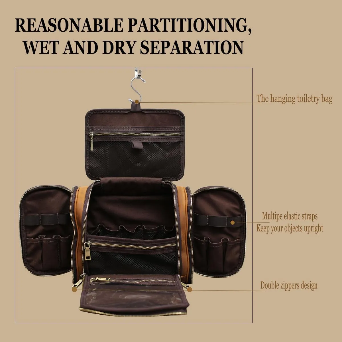 Hanging Toiletry Bag,Personalized Genuine Leather Shaving & Dopp Kit Bag for Men & Women,Travel Organizer for Toiletries,Best Man Gift,Wedding Gifts (Coffee)