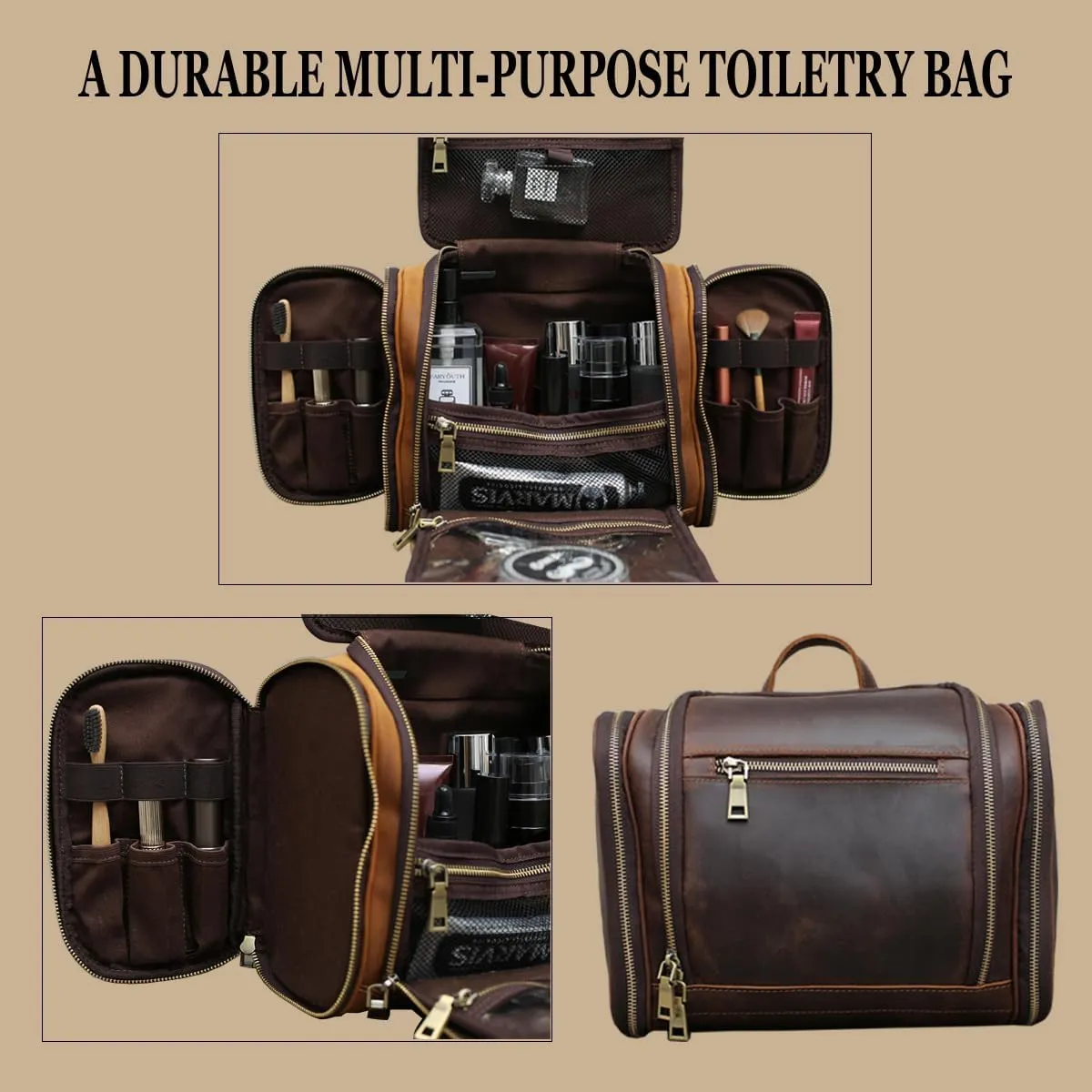 Hanging Toiletry Bag,Personalized Genuine Leather Shaving & Dopp Kit Bag for Men & Women,Travel Organizer for Toiletries,Best Man Gift,Wedding Gifts (Coffee)