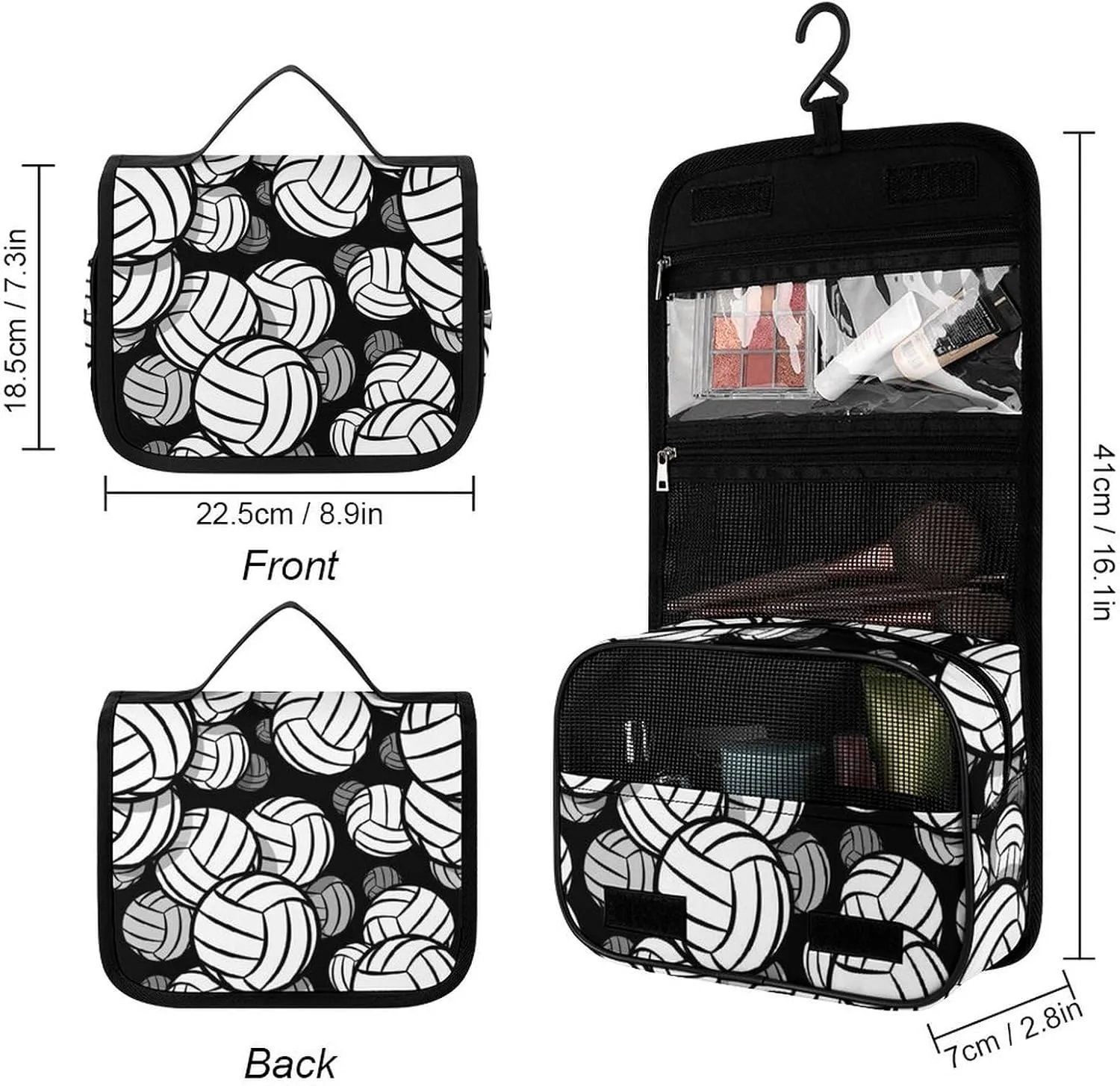 Hanging Travel Toiletry Bag, Black And White Volleyball Ball Waterproof Cosmetic Case, Portable Large Makeup Bag Organizer for Women Men