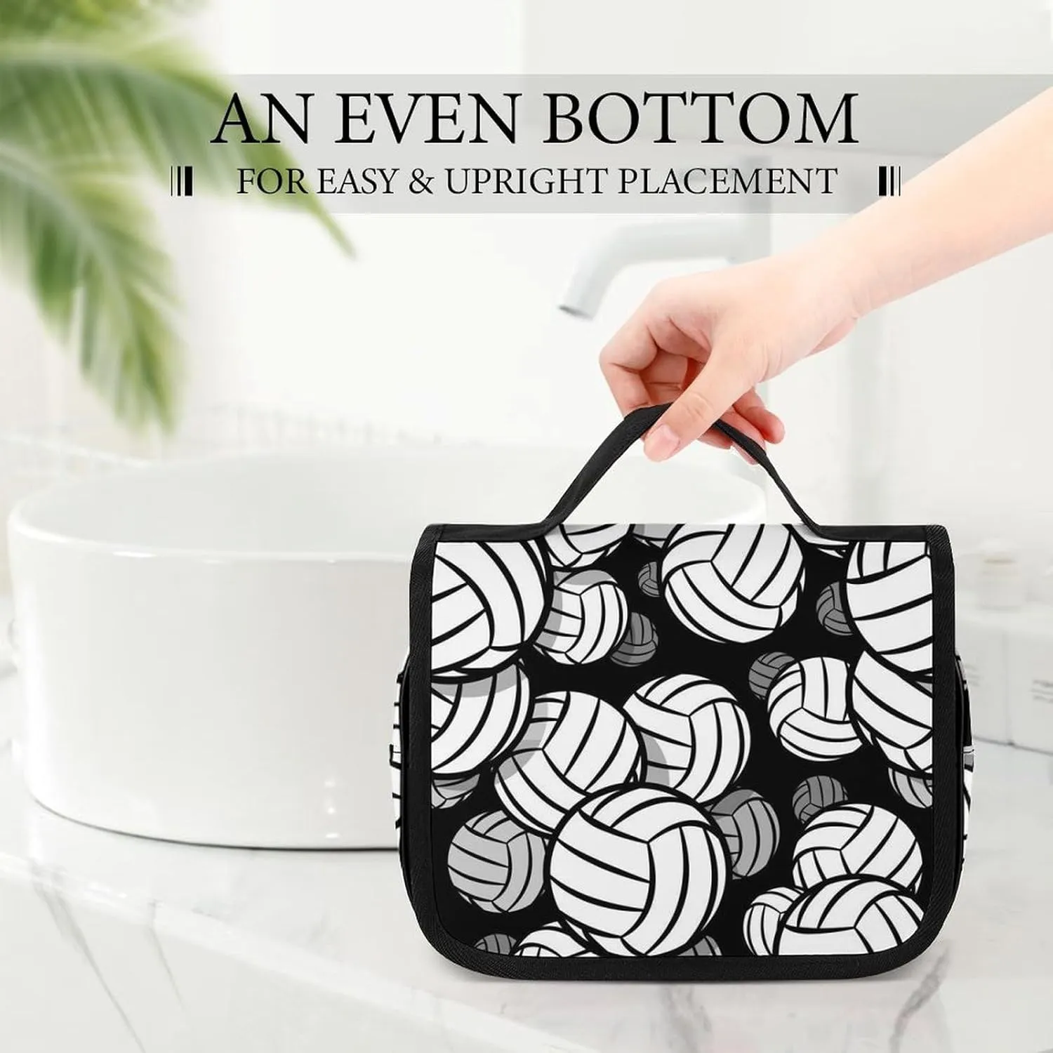 Hanging Travel Toiletry Bag, Black And White Volleyball Ball Waterproof Cosmetic Case, Portable Large Makeup Bag Organizer for Women Men