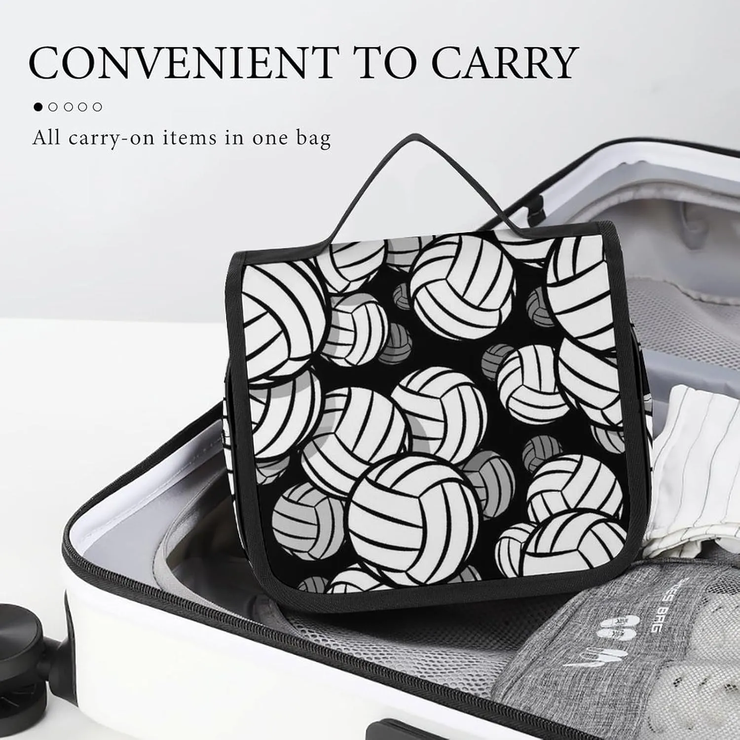 Hanging Travel Toiletry Bag, Black And White Volleyball Ball Waterproof Cosmetic Case, Portable Large Makeup Bag Organizer for Women Men
