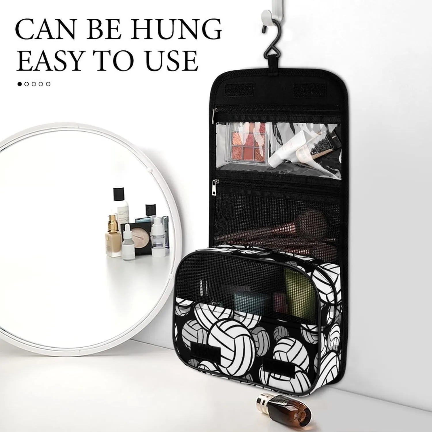 Hanging Travel Toiletry Bag, Black And White Volleyball Ball Waterproof Cosmetic Case, Portable Large Makeup Bag Organizer for Women Men