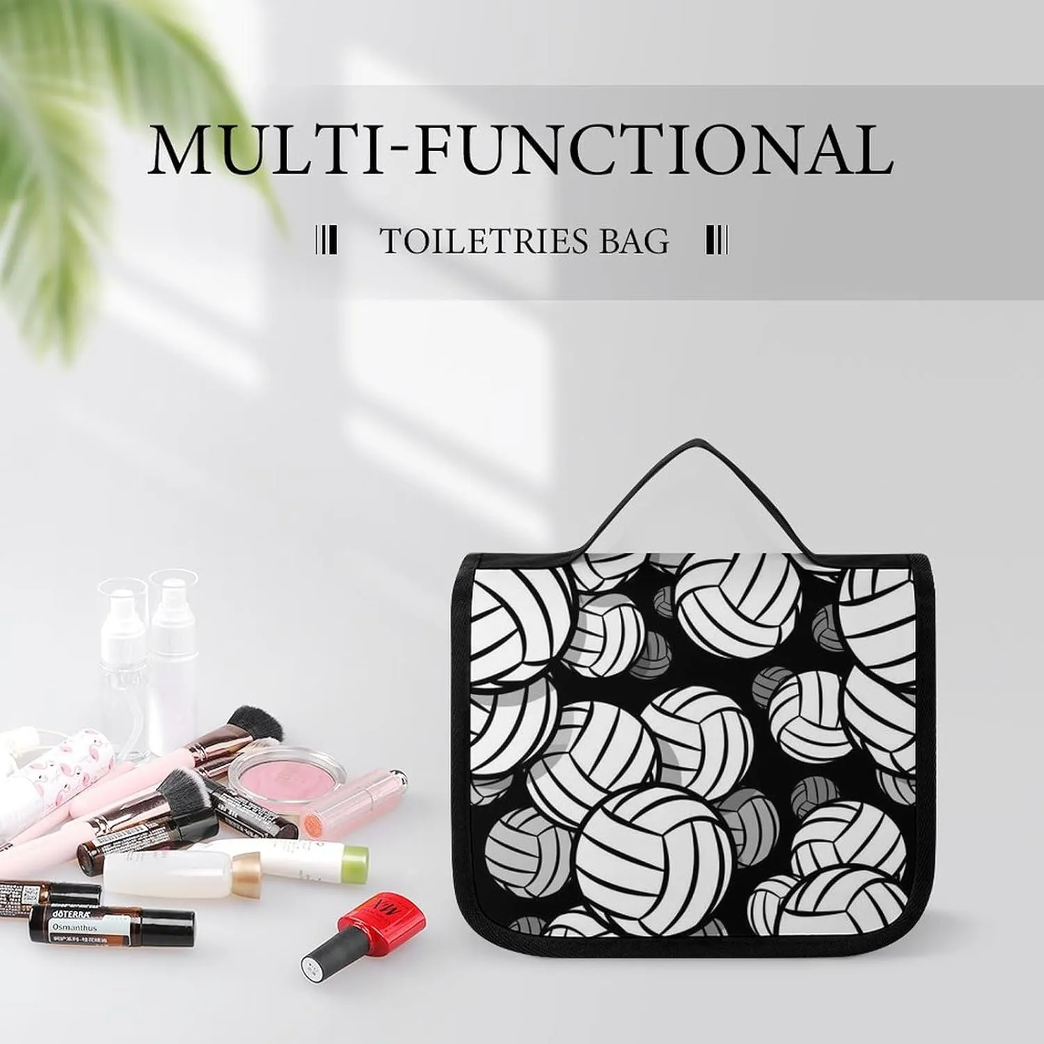 Hanging Travel Toiletry Bag, Black And White Volleyball Ball Waterproof Cosmetic Case, Portable Large Makeup Bag Organizer for Women Men