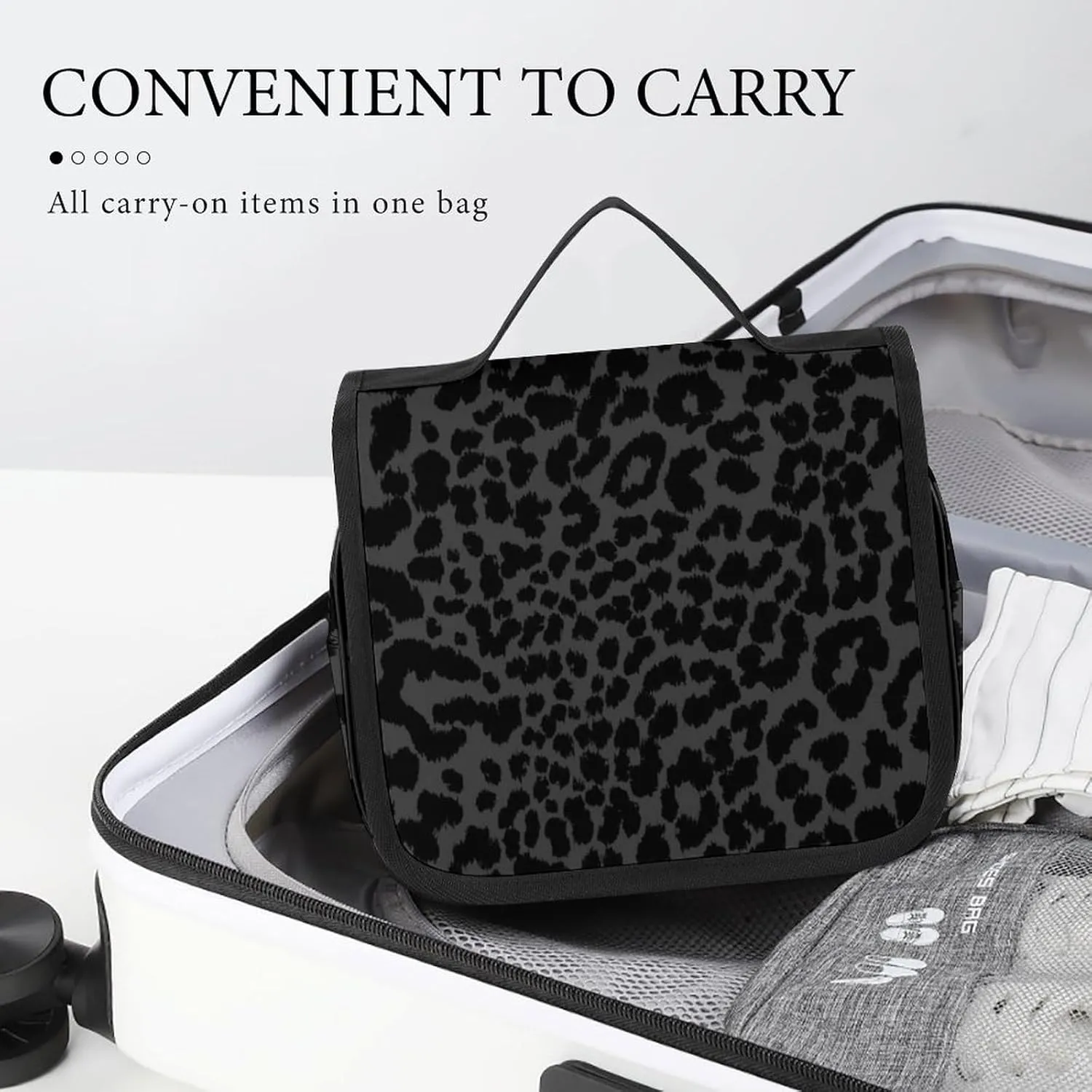 Hanging Travel Toiletry Bag, Waterproof Bathroom Shower Bag for Women Men, Dark Gray Black Leopard Cheetah Print Cosmetics Makeup Bag Accessories