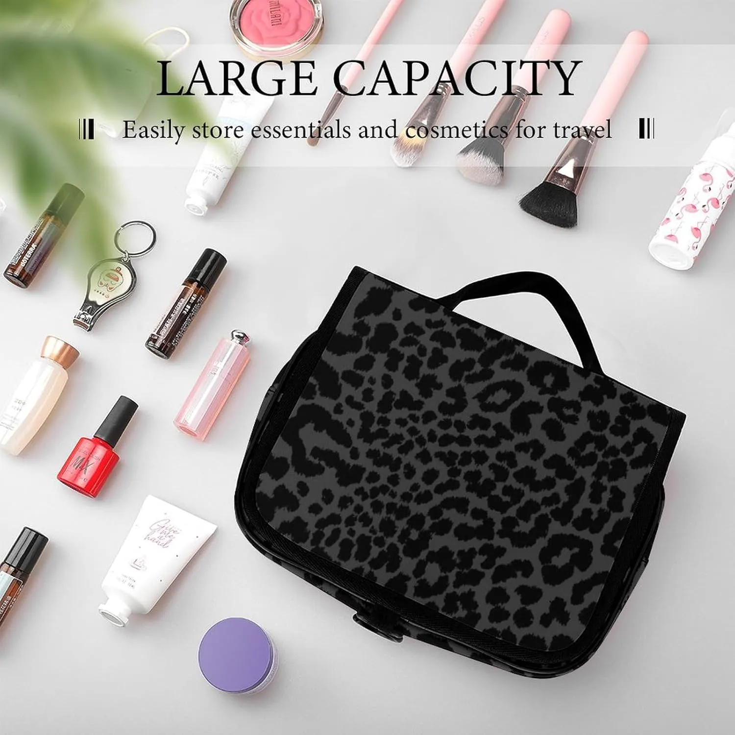 Hanging Travel Toiletry Bag, Waterproof Bathroom Shower Bag for Women Men, Dark Gray Black Leopard Cheetah Print Cosmetics Makeup Bag Accessories