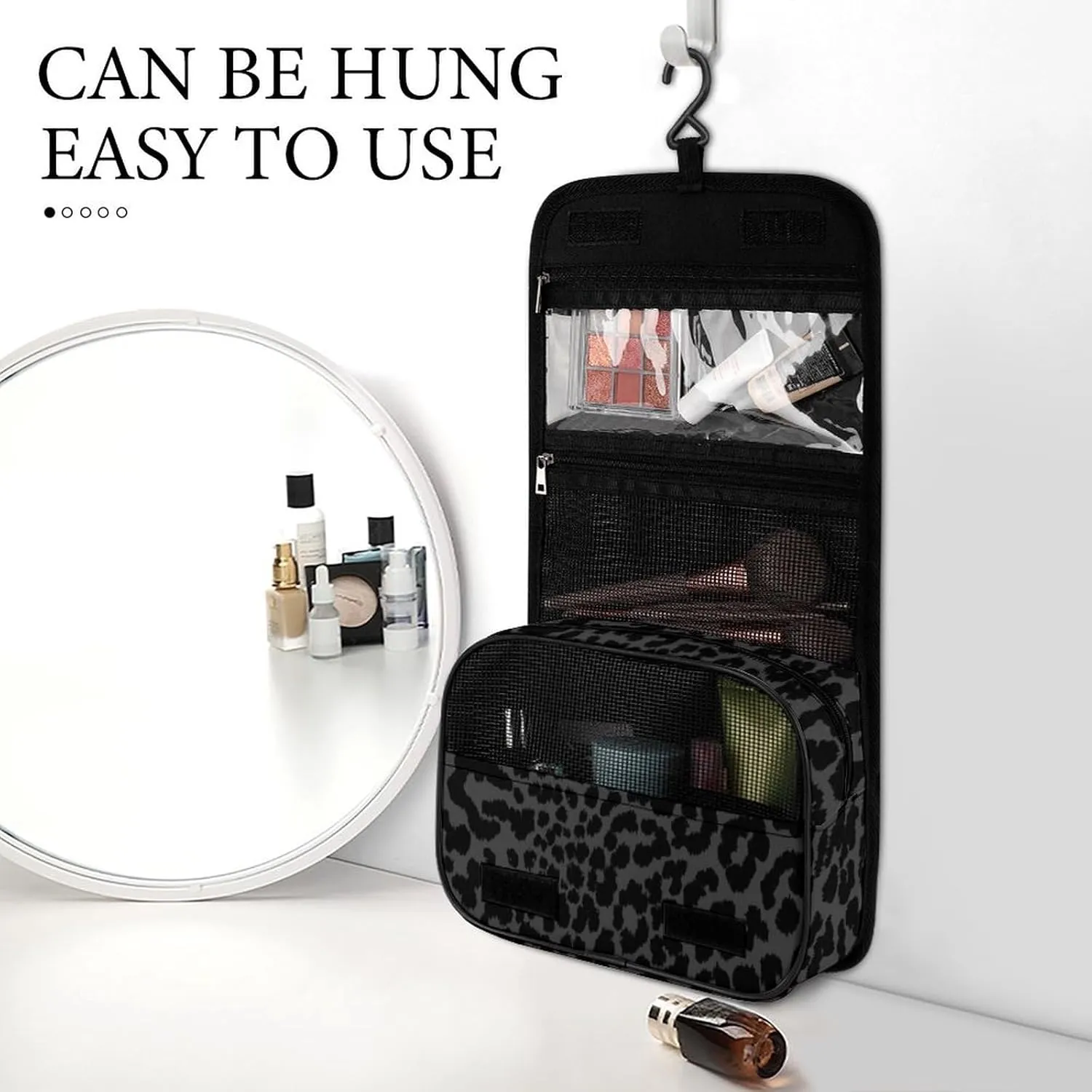 Hanging Travel Toiletry Bag, Waterproof Bathroom Shower Bag for Women Men, Dark Gray Black Leopard Cheetah Print Cosmetics Makeup Bag Accessories