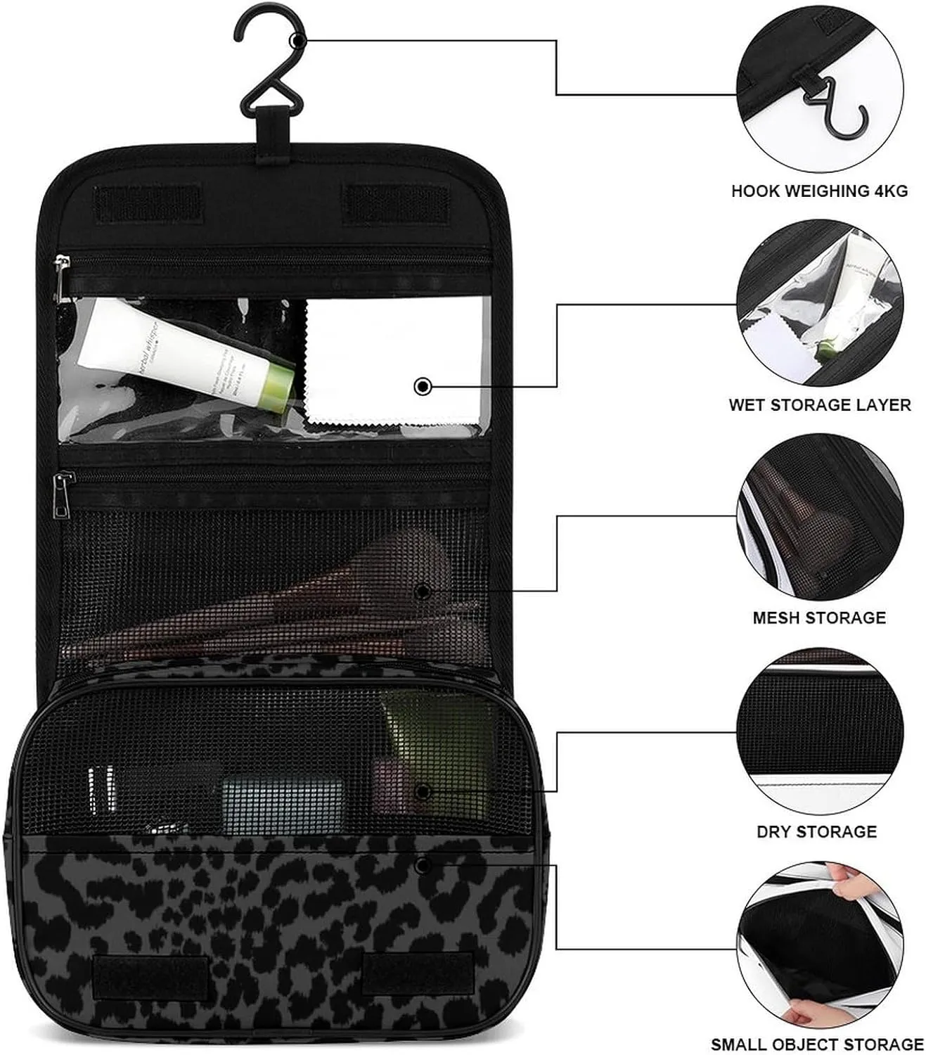 Hanging Travel Toiletry Bag, Waterproof Bathroom Shower Bag for Women Men, Dark Gray Black Leopard Cheetah Print Cosmetics Makeup Bag Accessories
