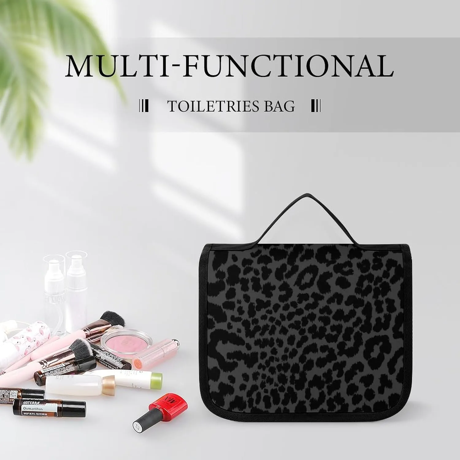 Hanging Travel Toiletry Bag, Waterproof Bathroom Shower Bag for Women Men, Dark Gray Black Leopard Cheetah Print Cosmetics Makeup Bag Accessories