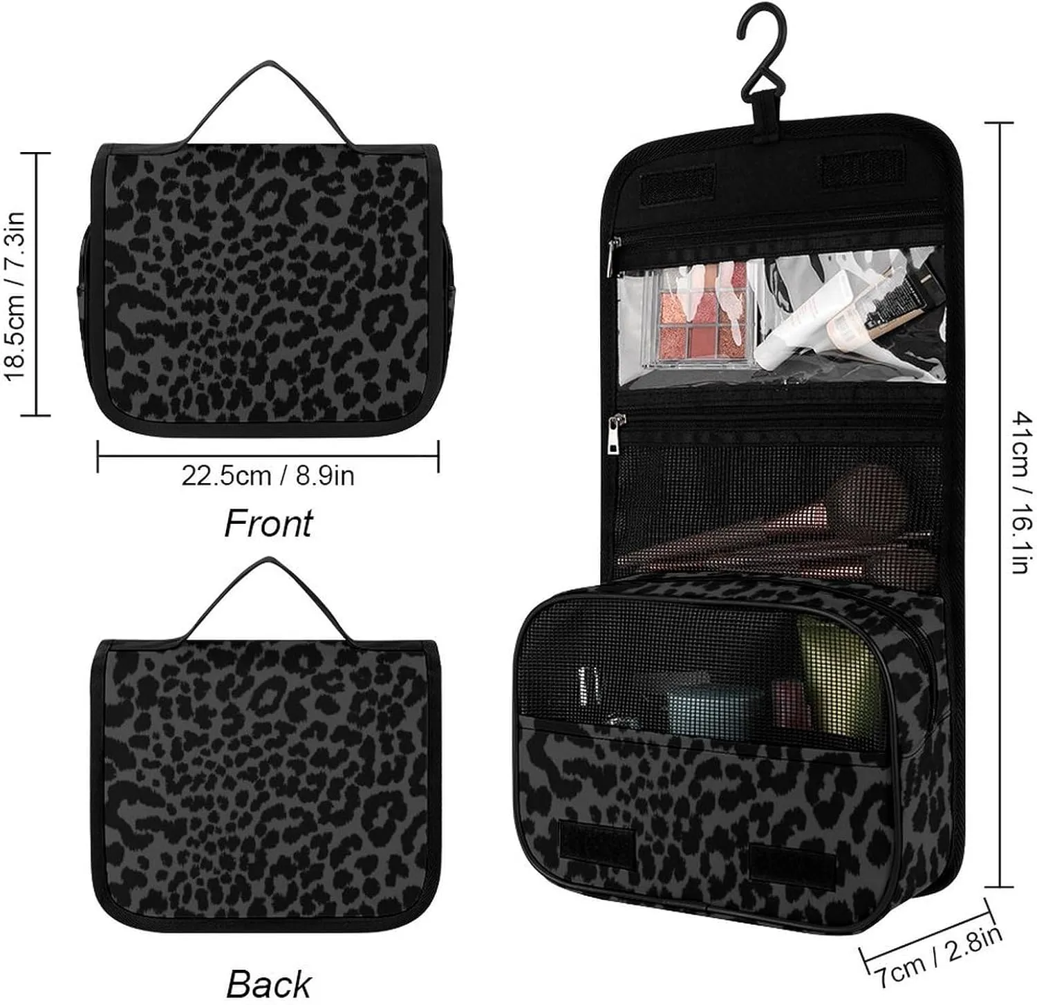 Hanging Travel Toiletry Bag, Waterproof Bathroom Shower Bag for Women Men, Dark Gray Black Leopard Cheetah Print Cosmetics Makeup Bag Accessories