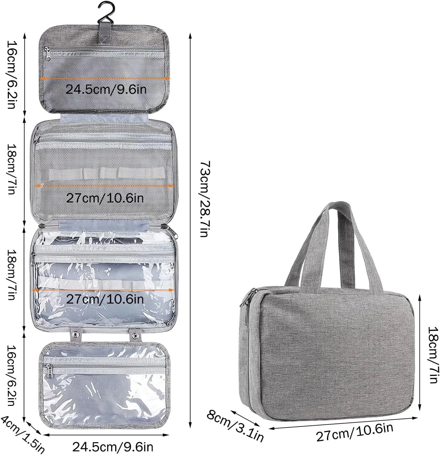 hanging travel toiletry bag with Hanging Hook,Water-resistant Makeup Cosmetic Bag Travel Organizer for Accessories,Portable Toiletry Travel Organizer Bag (Grey, Large)