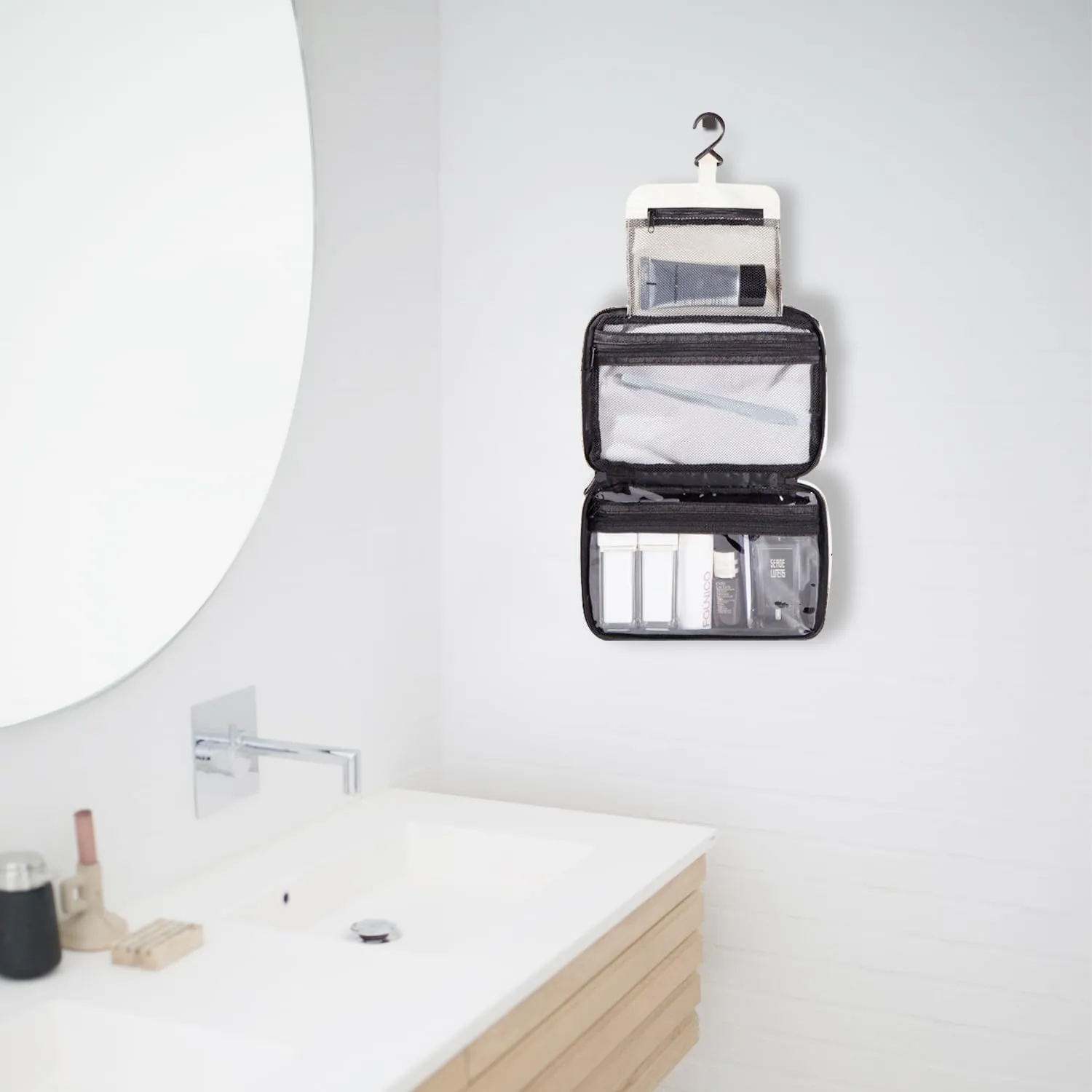 hanging travel toiletry bag with Hanging Hook,Water-resistant Makeup Cosmetic Bag Travel Organizer for Accessories,Portable Toiletry Travel Organizer Bag (White, Medium)