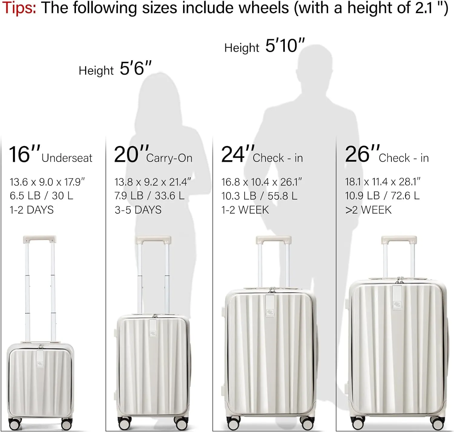 Hanke 16 Inch Underseat Carry On Luggage with Wheels,Small Hard Shell Suitcases for Weekender,Top Opening Lightweight Travel Luggage Suitcase for Womem Men,Ivory White.