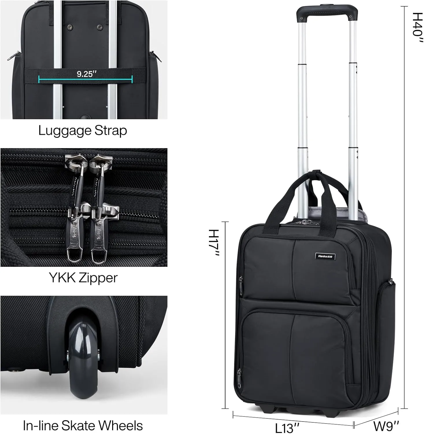 Hanke Softside Expandable Underseat Carry On Bags for Airplanes,Travel Luggage Rolling Bag Personal Item Bag Small Suitcase,Black,16-Inch