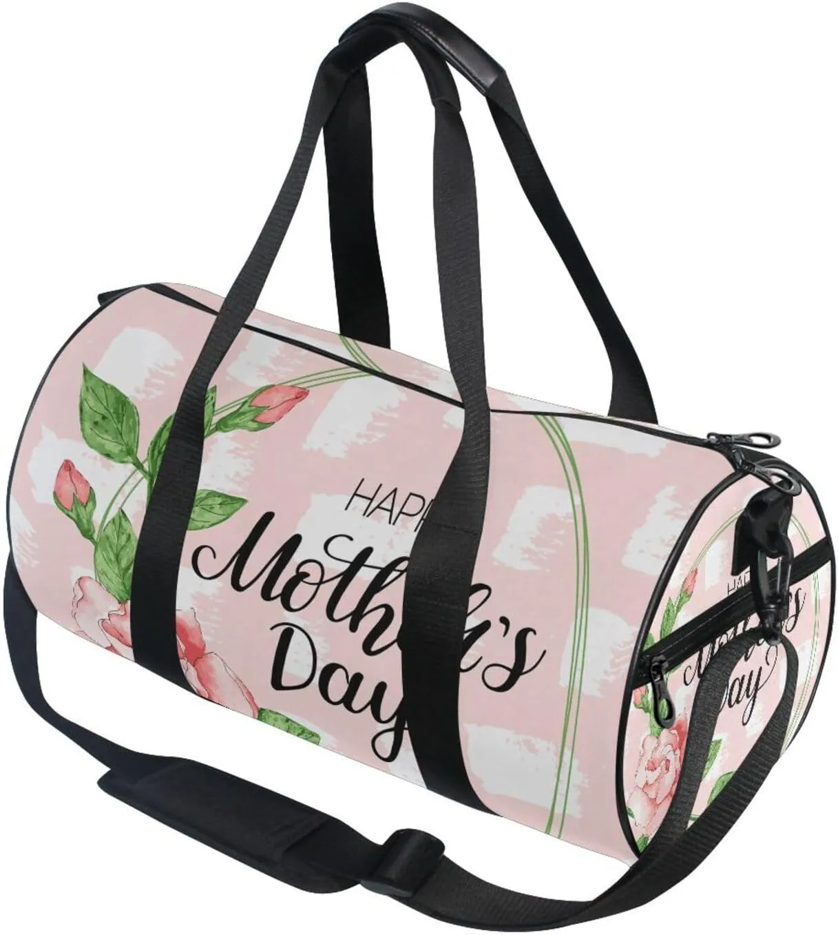 Happy Mother's Day Ink Watercolor Roses with White Stains on Pink Portable Gym Bag, Travel Bag, Luggage bag, Sports Bag, Toiletry Bag with Handles, Detachable Shoulder Strap 17.6 x 9 x 9 inch