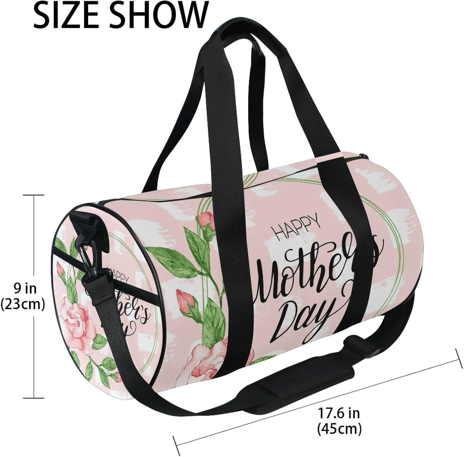 Happy Mother's Day Ink Watercolor Roses with White Stains on Pink Portable Gym Bag, Travel Bag, Luggage bag, Sports Bag, Toiletry Bag with Handles, Detachable Shoulder Strap 17.6 x 9 x 9 inch