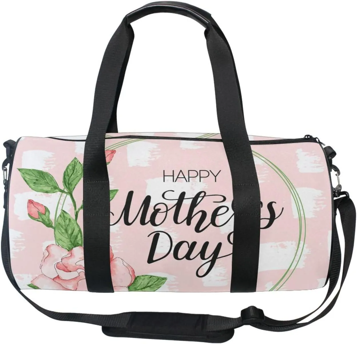 Happy Mother's Day Ink Watercolor Roses with White Stains on Pink Portable Gym Bag, Travel Bag, Luggage bag, Sports Bag, Toiletry Bag with Handles, Detachable Shoulder Strap 17.6 x 9 x 9 inch