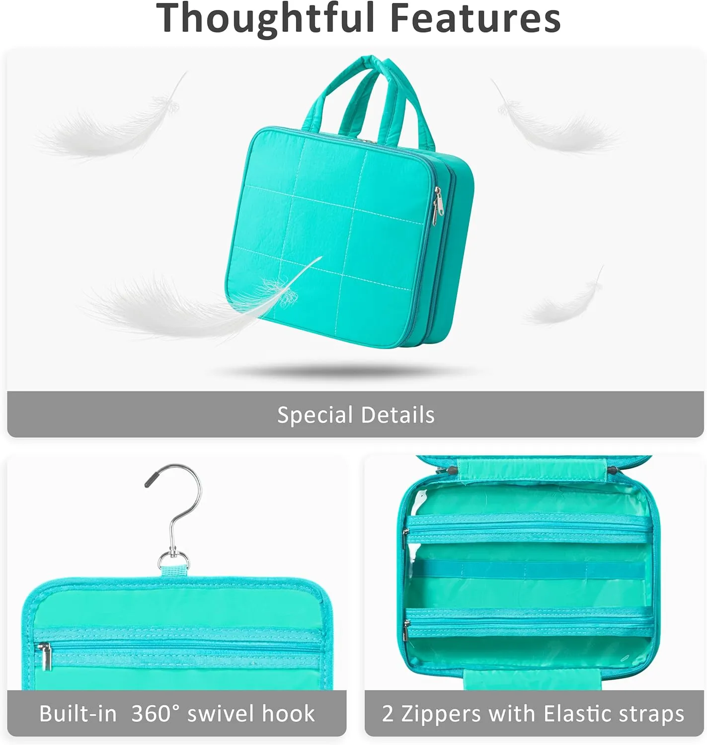 HBlife Travel Toiletry Bag with Jewelry Organizer for Women, Puffy Hanging Travel Bag for Toiletries with Trolley Belt, Waterproof Makeup Cosmetic Bag Organizer, Travel Accessories Essentials(Teal, M)